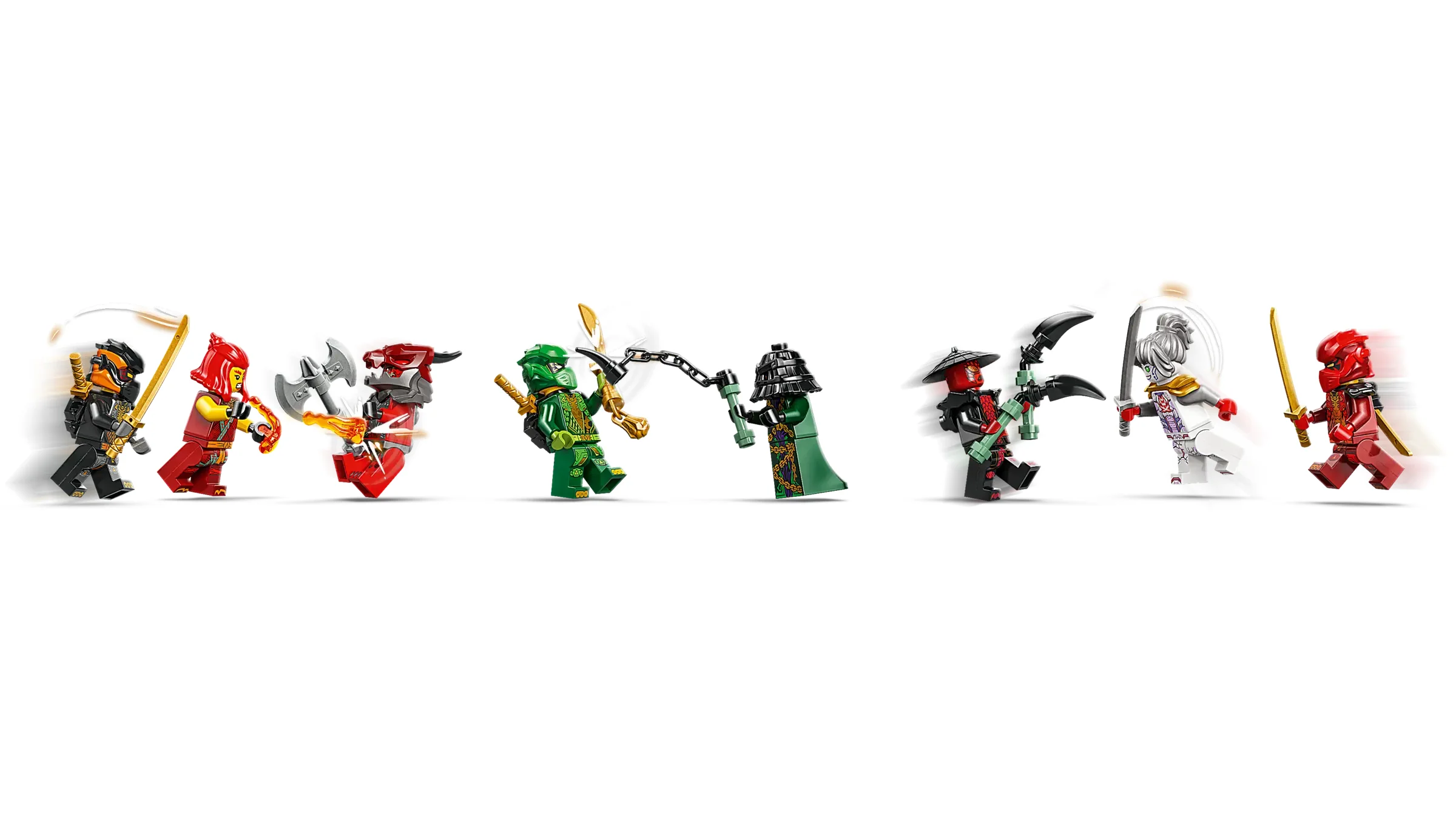 Minifigurinele Ninjago ale setului 71836, în acțiune. Detalii clare și culori vii.