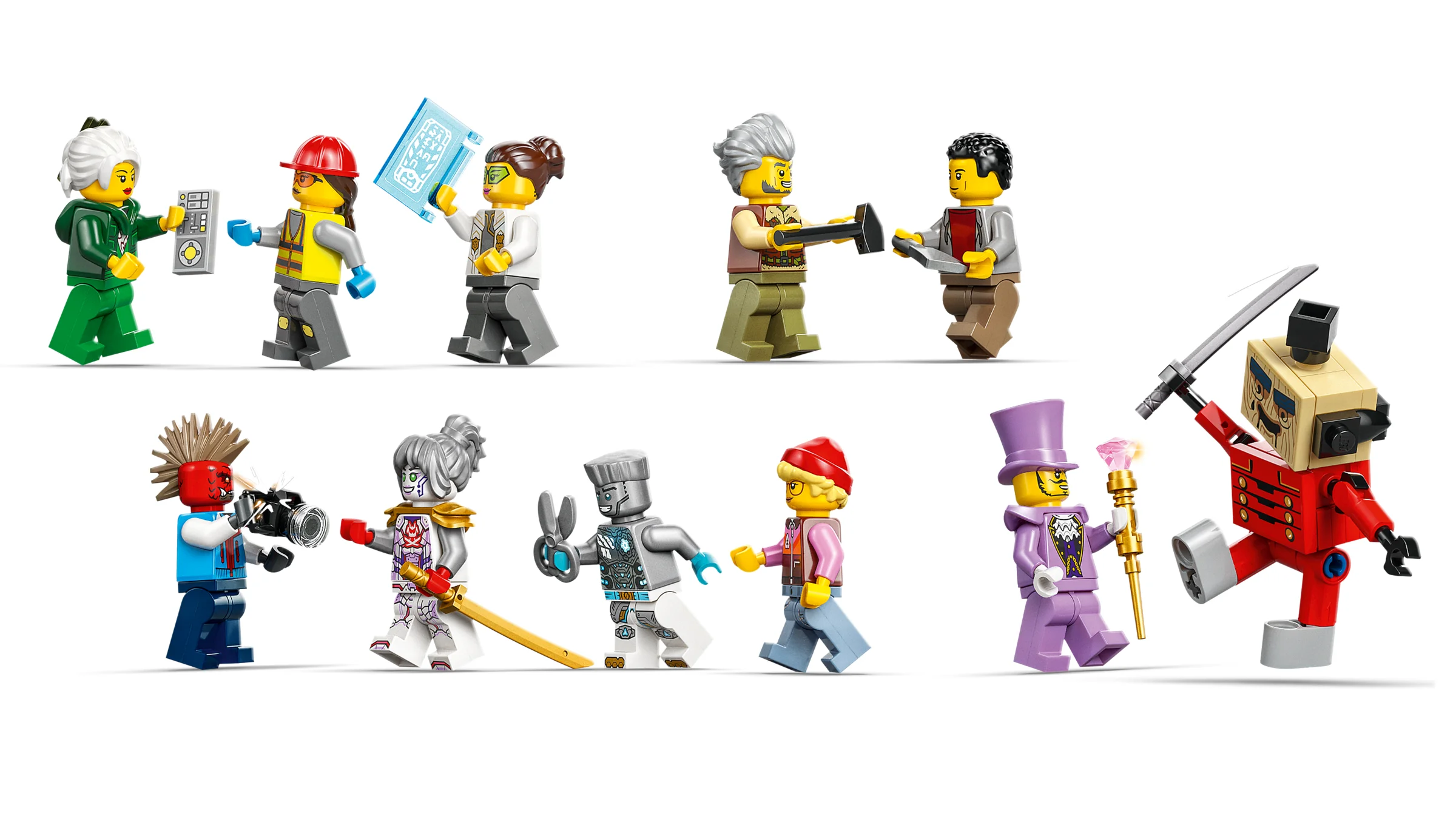 Imagine cu minifigurinele din setul LEGO Ninjago 71837, prezentând diverse personaje detaliate.