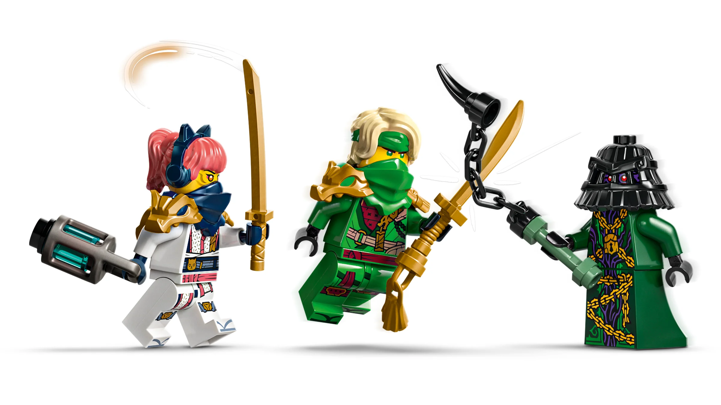 Imagine cu minifigurinele Lloyd, Arin și Ras, din setul LEGO Ninjago 71842.