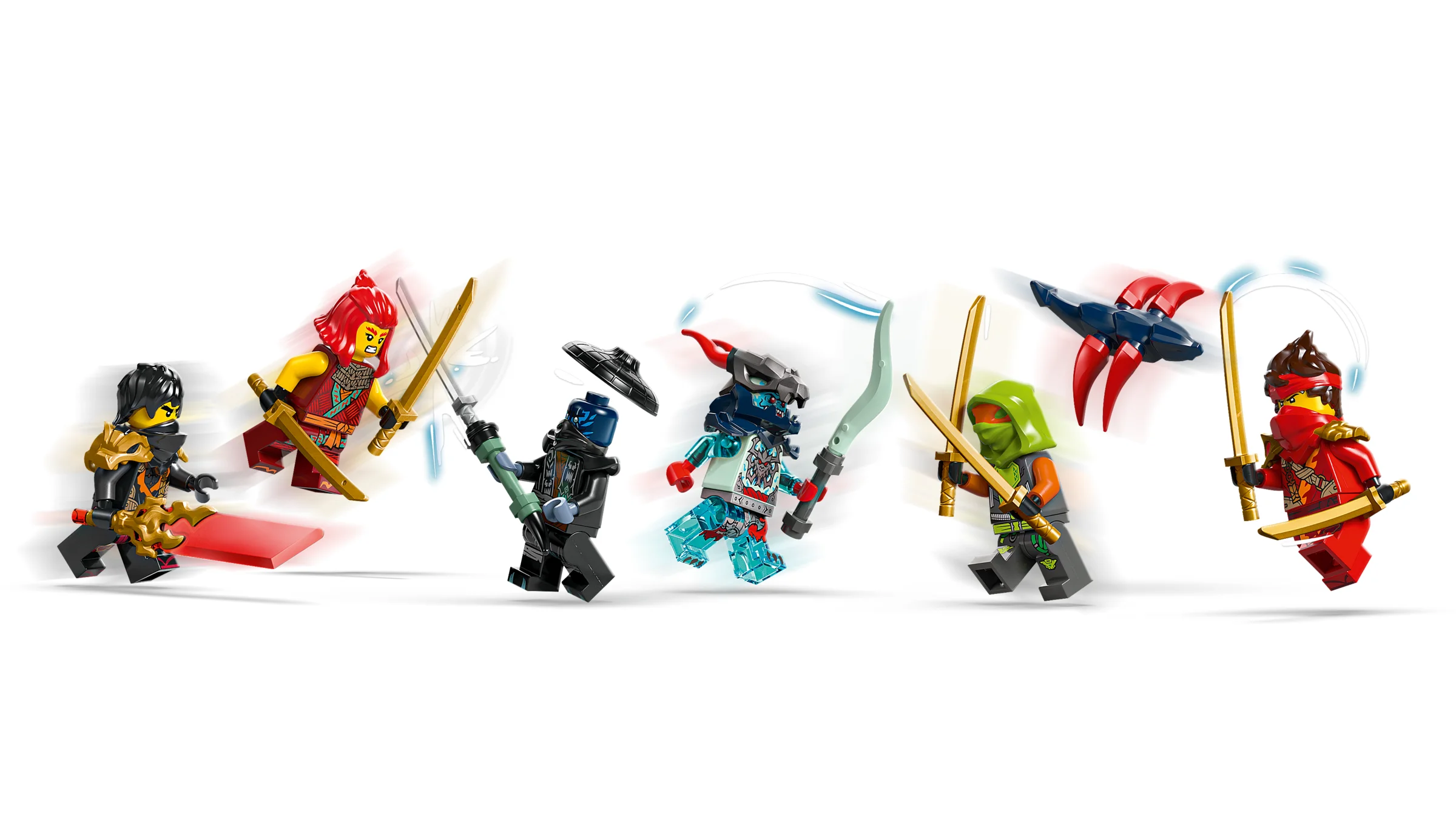 Minifigurinele Ninjago în acțiune, folosind arme și elemente speciale.