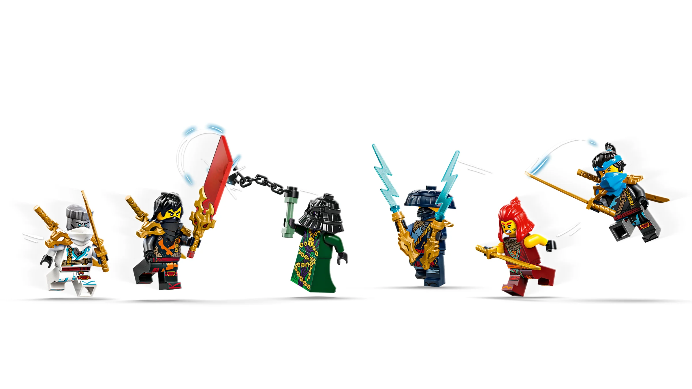 Prezentare a minifigurinelor LEGO Ninjago 71848, cu arme și detalii colorate.