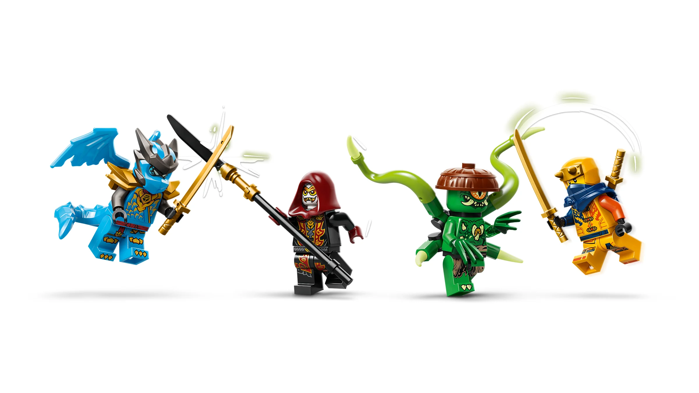 Prim plan cu cele 4 minifigurine Ninjago: Riyu, Arin și doi inamici, angajate în luptă.