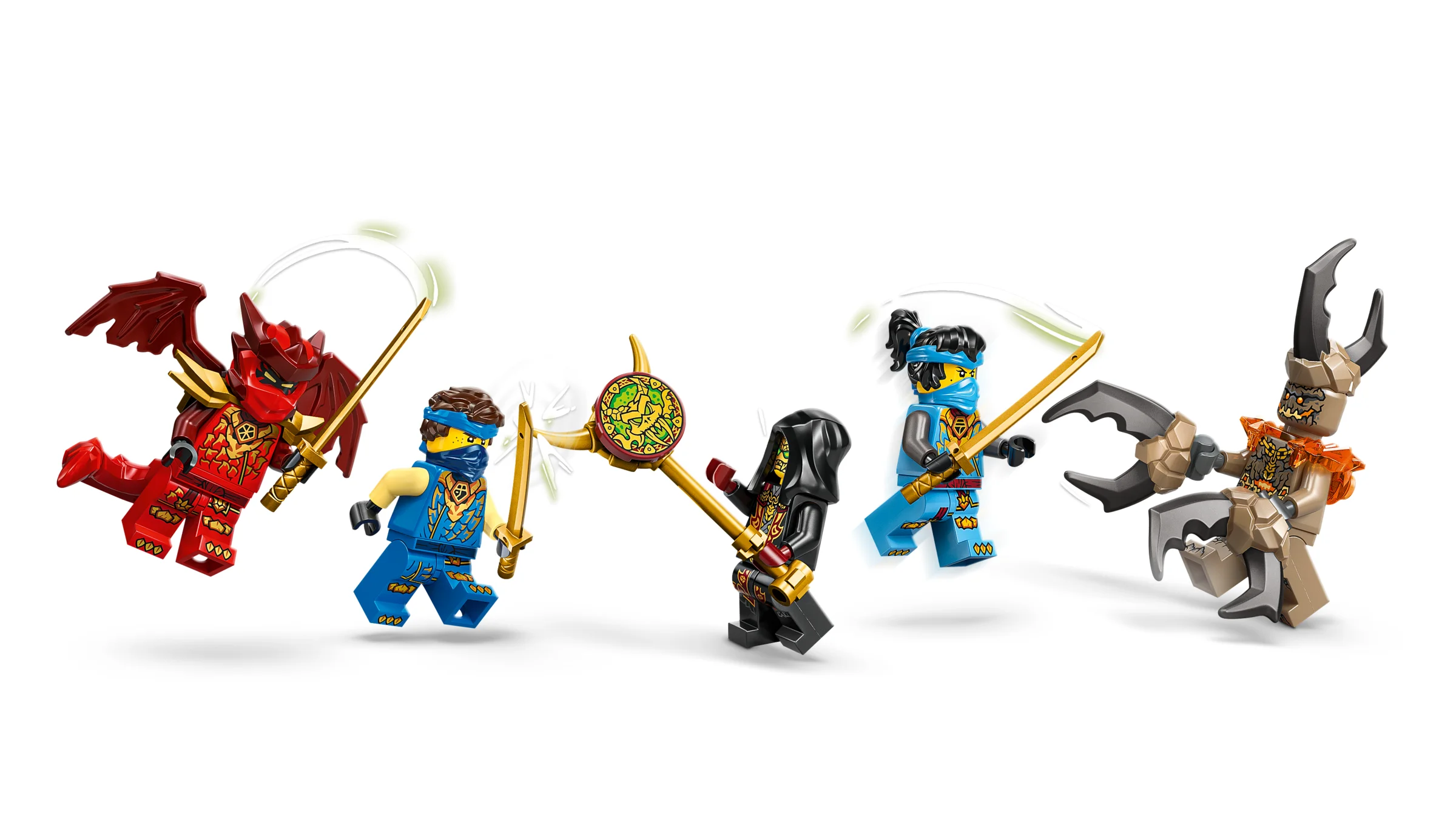 O scenă cu minifigurinele Ninjago Jay, dragonul său și adversarii, în luptă. Acțiune!