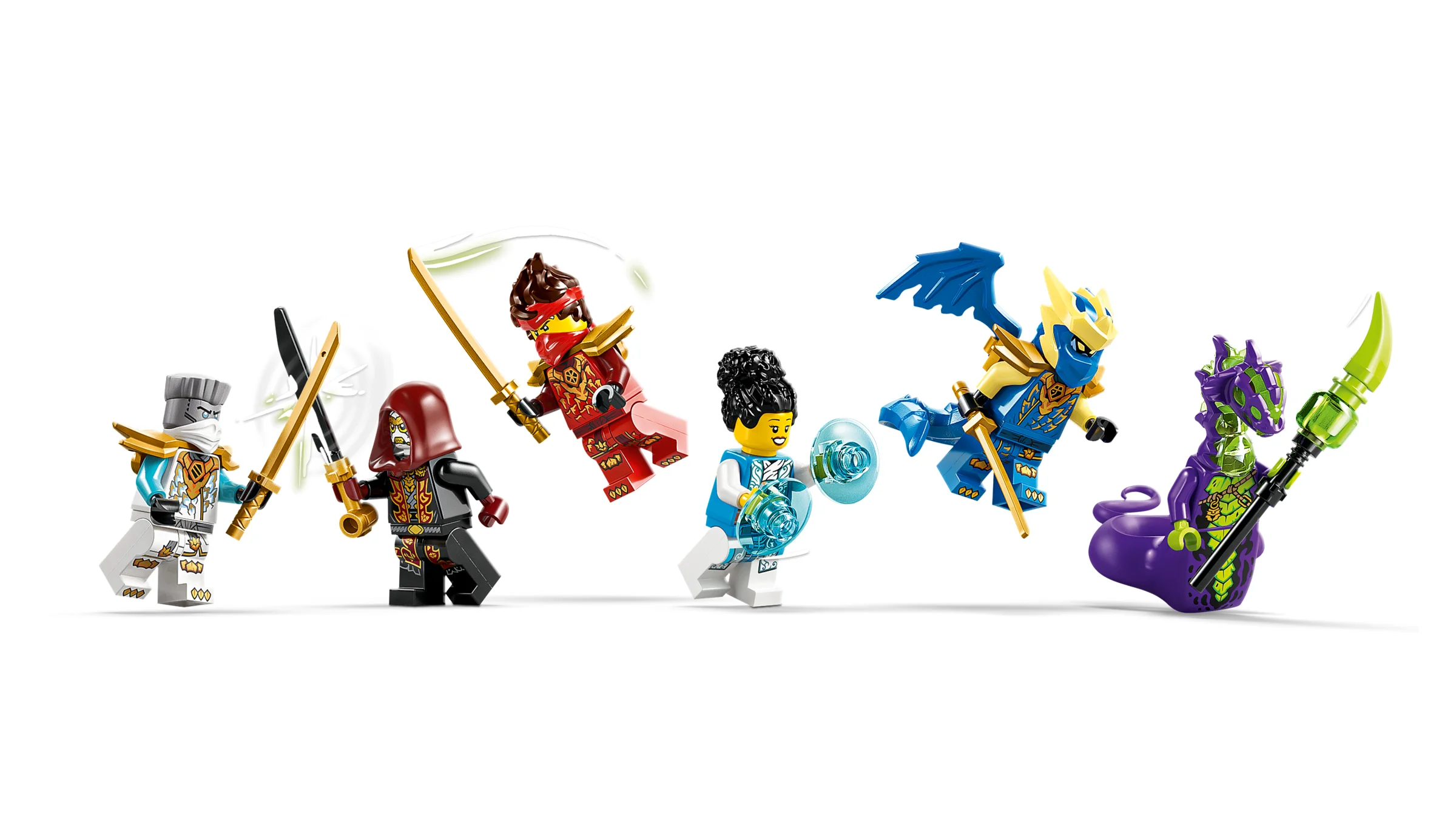 Prim plan cu toate minifigurinele setului LEGO Ninjago 71857, prezentând detalii și arme.
