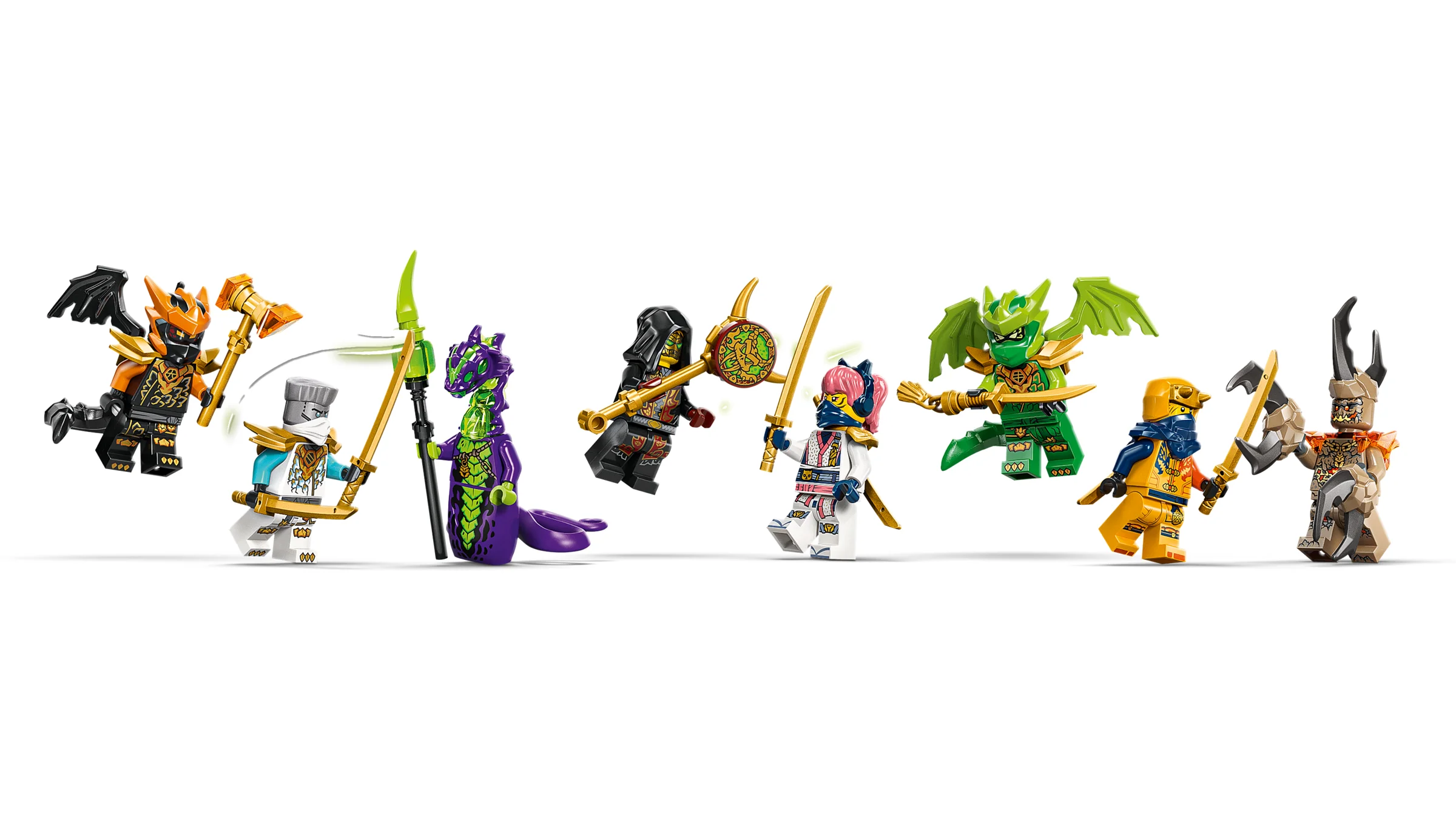Prezentare cu cele șapte minifigurine LEGO Ninjago incluse în setul Dragonul Vieții.