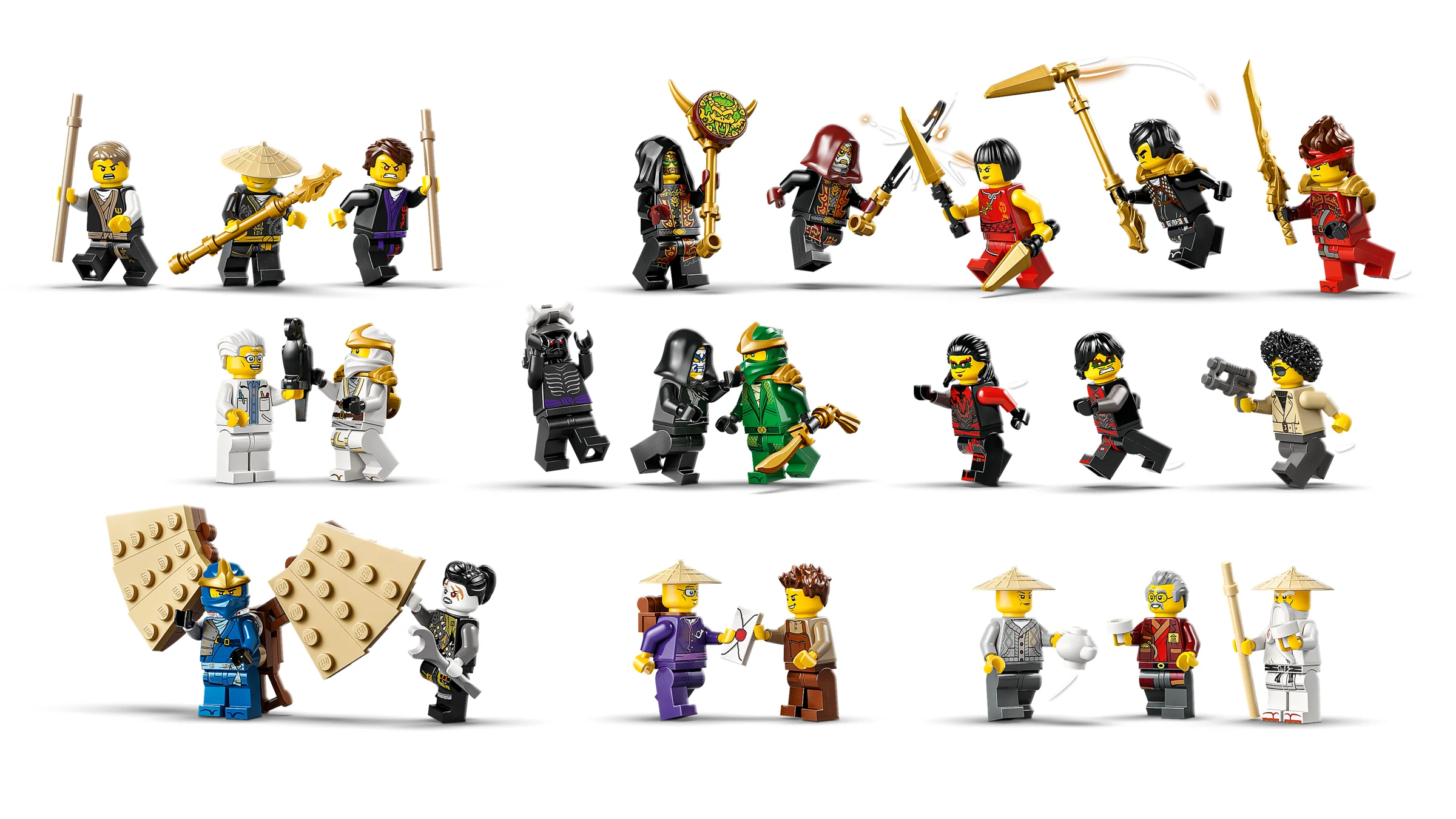 Prezentare cu minifigurinele setului 71861, inclusiv ninja, răufăcători și personaje civile. Varietate de arme și accesorii.