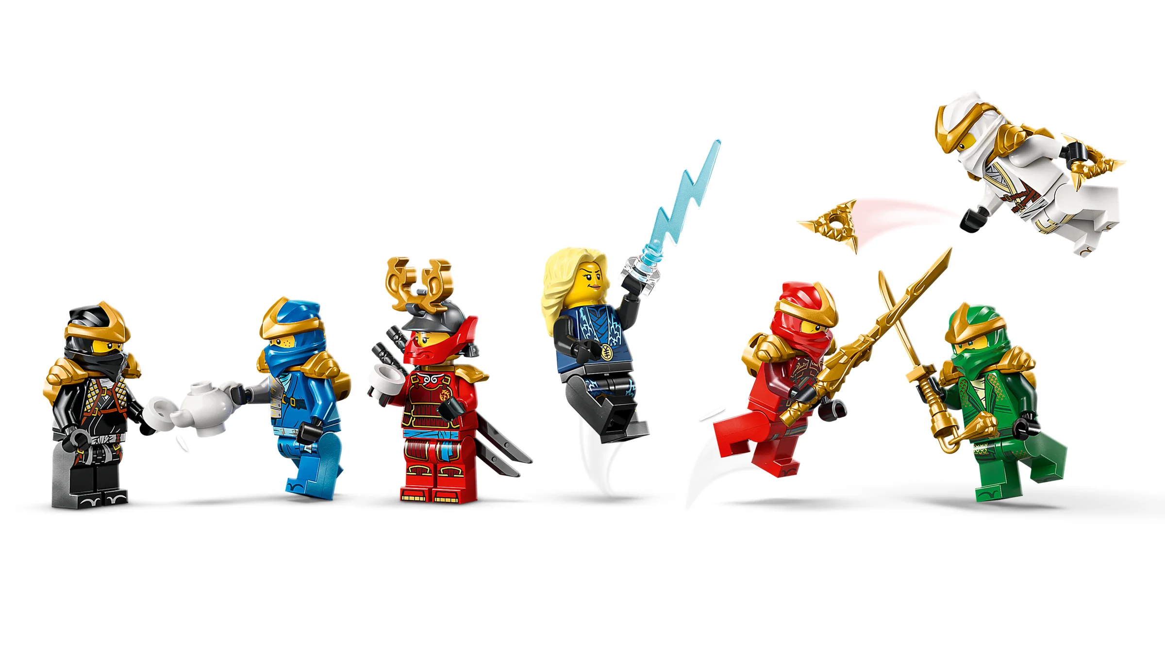 Prezentare cu minifigurinele Ninjago, cu detalii și accesorii. Ideal pentru fani!