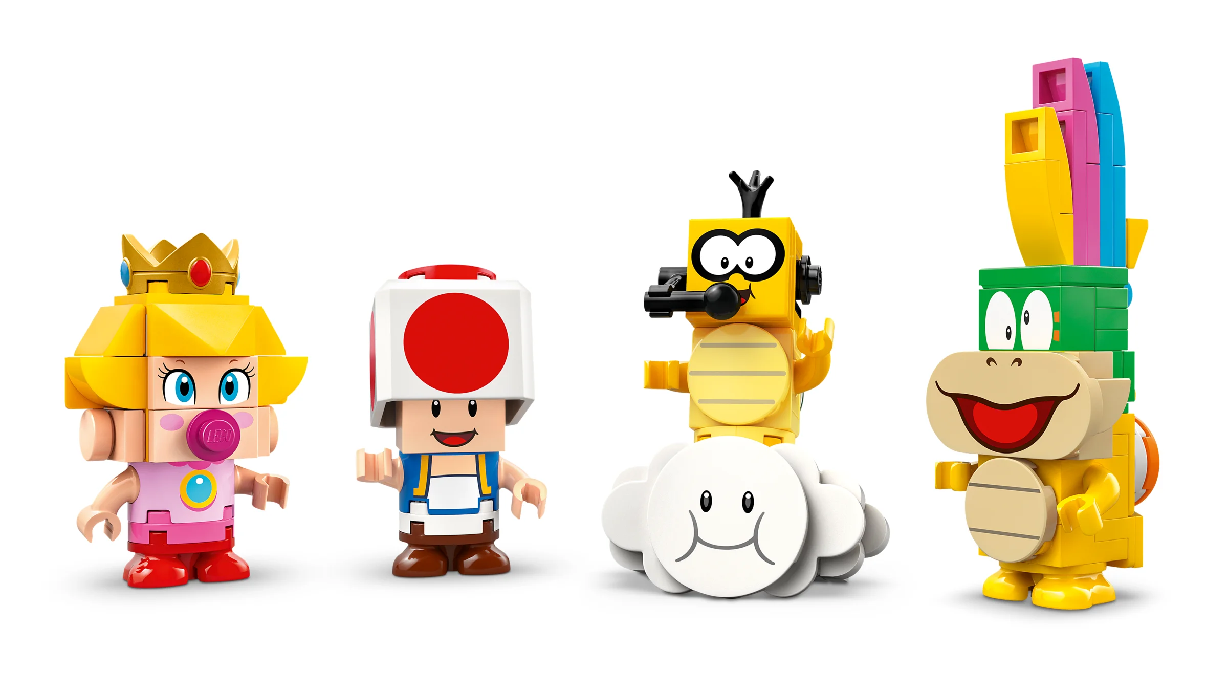 Imagine cu mini-figurinele LEGO Baby Peach, Toad, Larry și un Lakitu cu nor. Figurine detaliate.