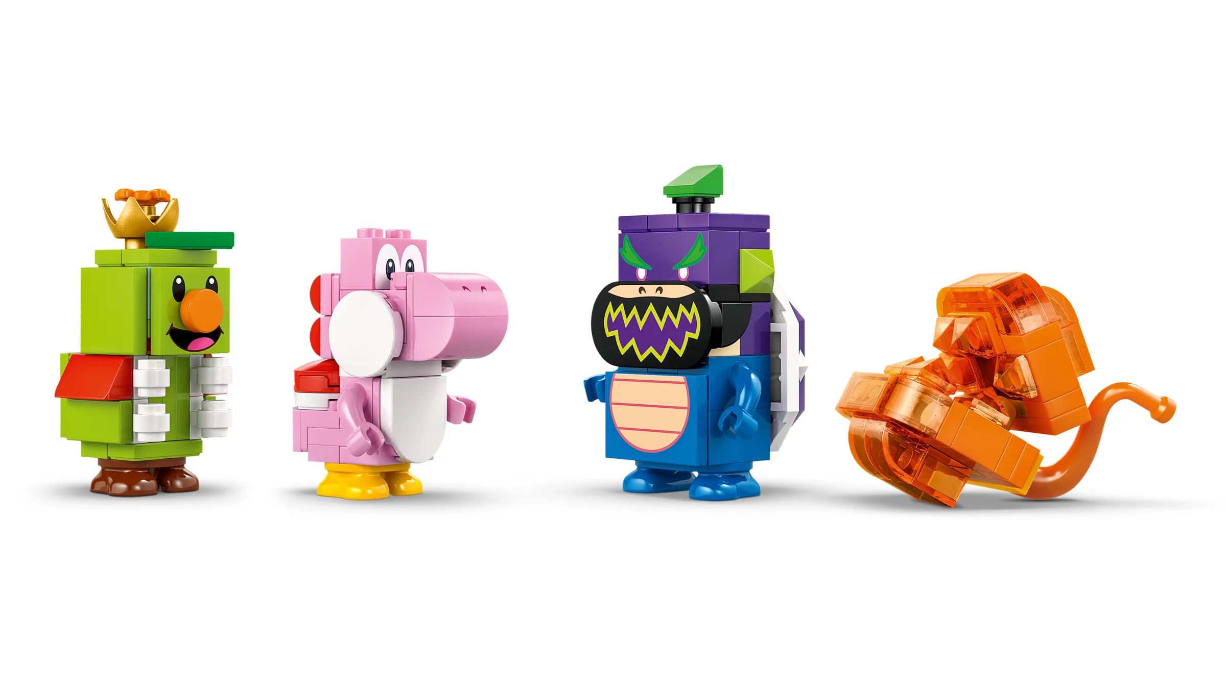 Prezentare a minifigurinelor LEGO: Prinț Florian, Yoshi roz, Bowser și o formă de Bowser foc.