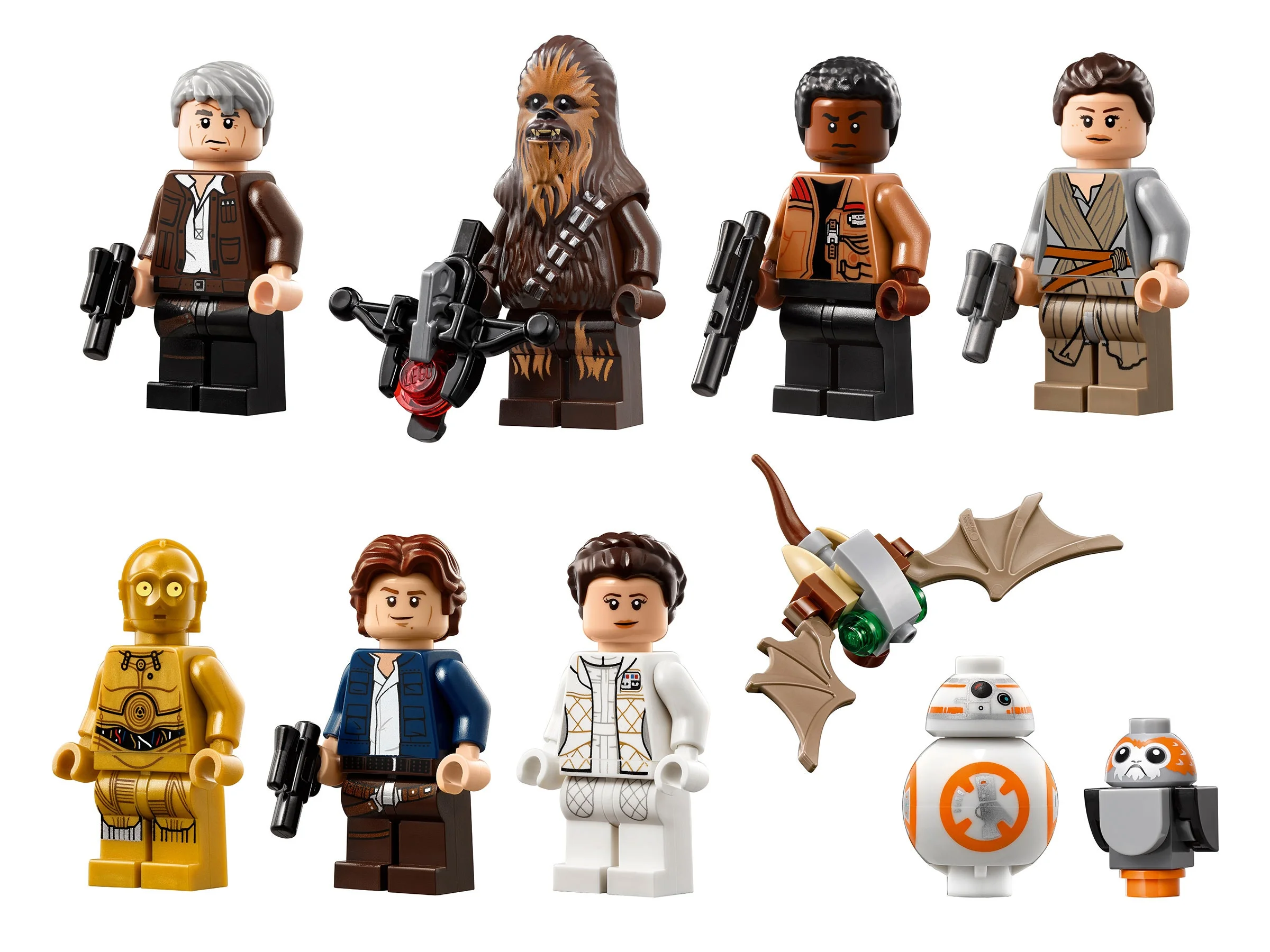 Prezentare detaliată a minifigurinelor și a unui Mynock LEGO din setul Millennium Falcon.