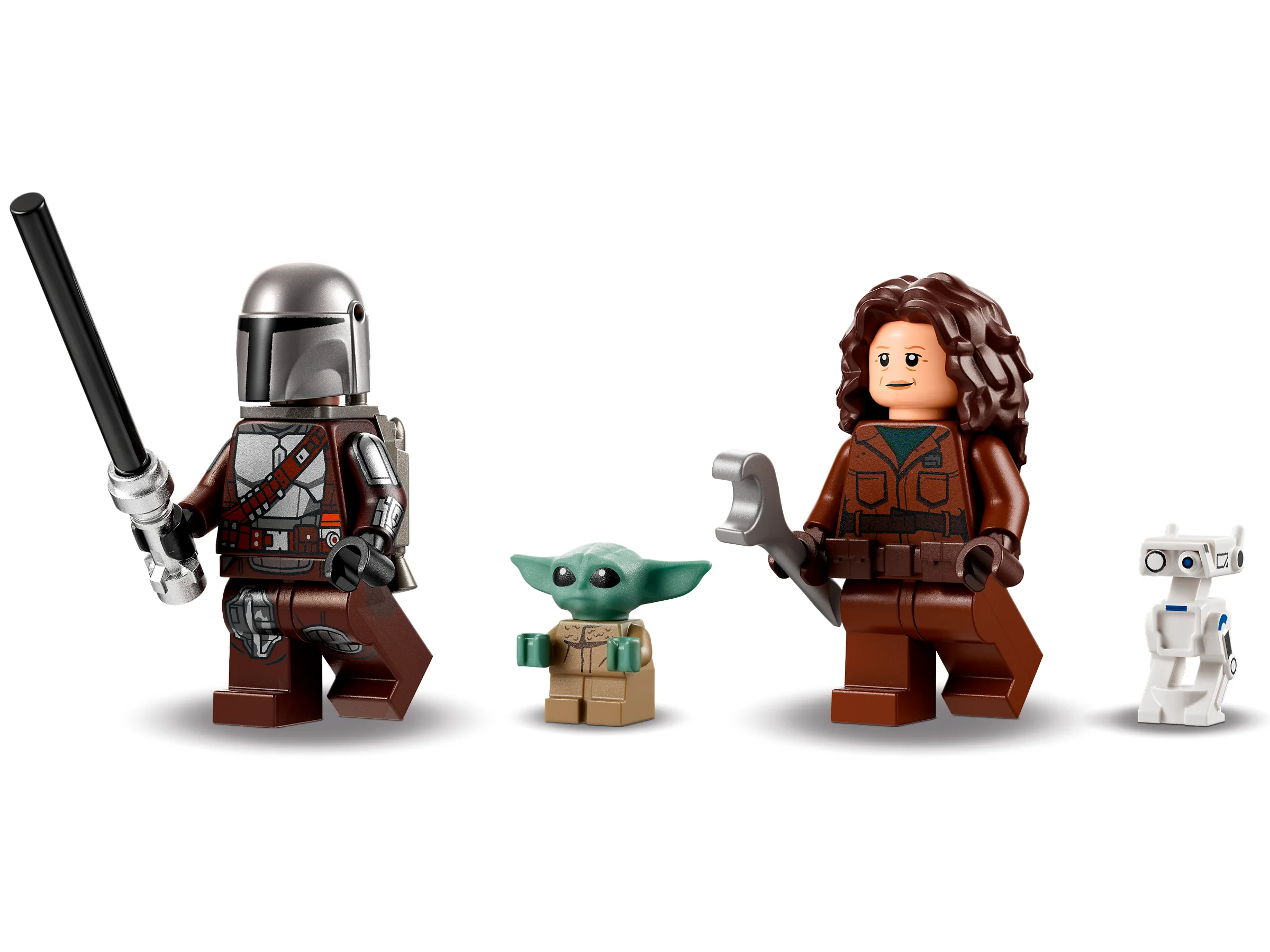 Prezintă minifigurinele setului: Mandalorian, Grogu, Peli Motto și BD Droid.