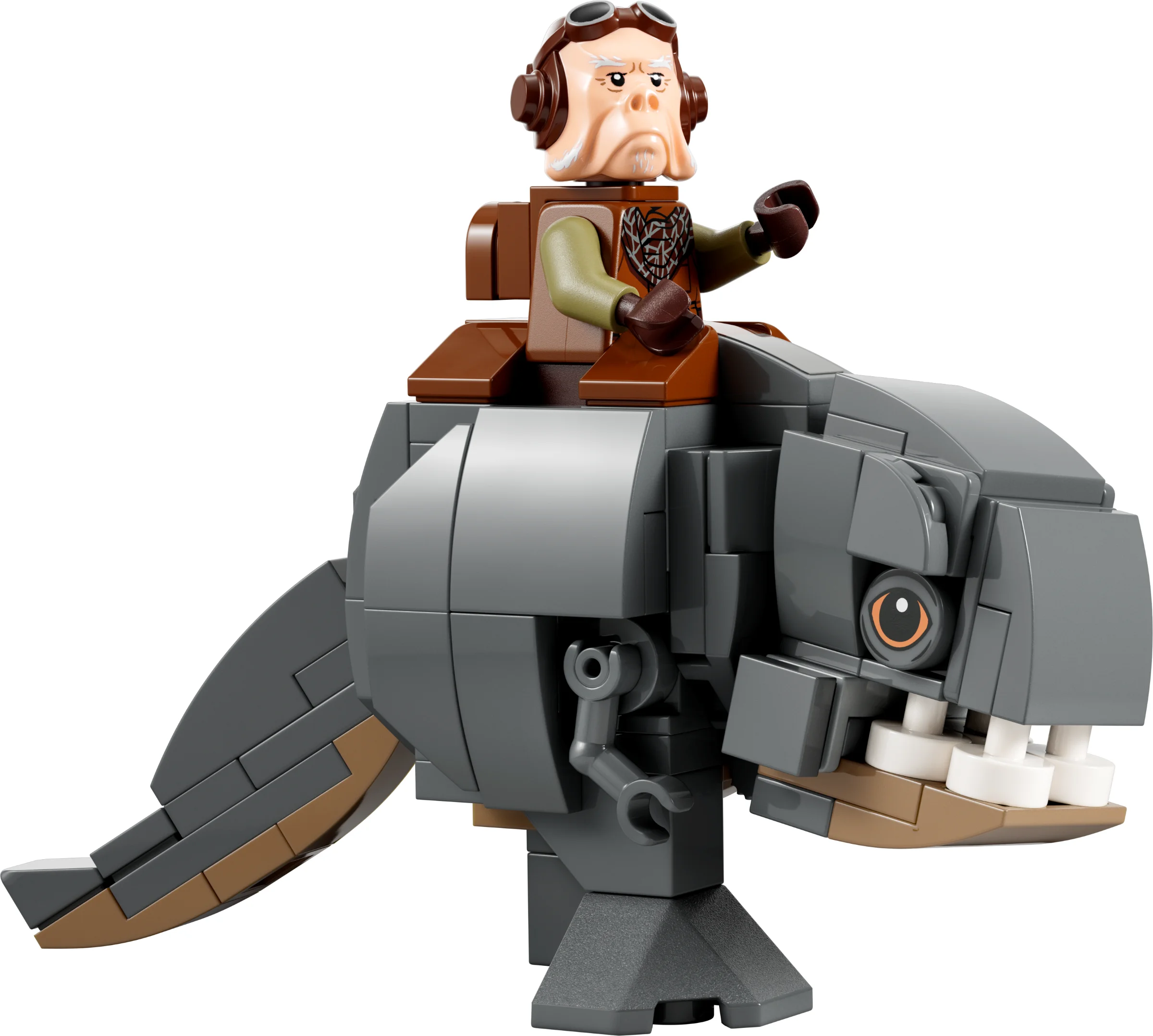 Kuiil călare pe Blurrg-ul său construit din LEGO. Detalii precise și aspect realist.