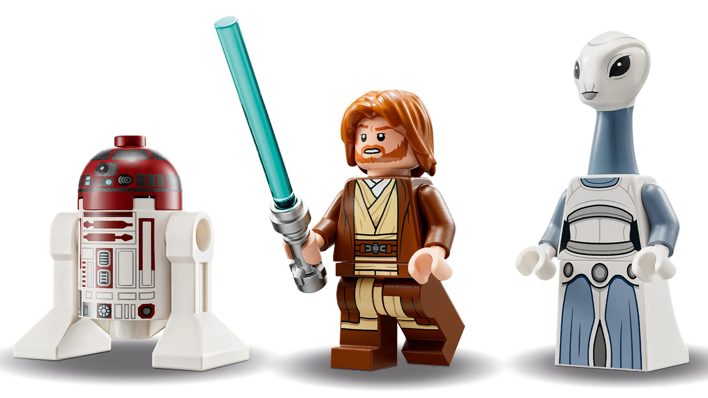 Prezentare minifigurine: R4-P17, Obi-Wan Kenobi cu sabie laser și Taun We. Detalii clare ale personajelor.