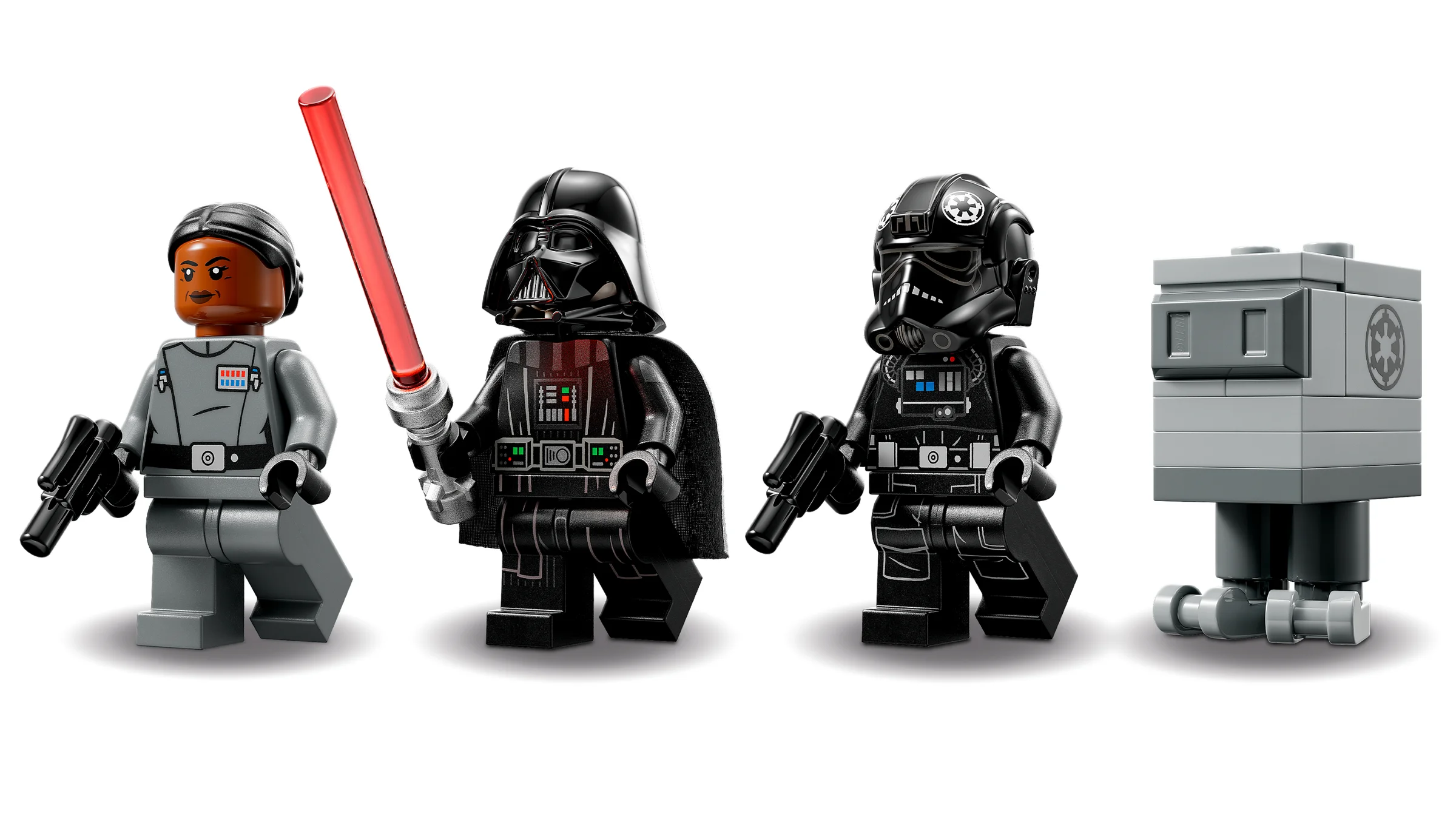 Imagine cu minifigurinele LEGO Darth Vader și altele din setul TIE Bomber. Figurine detaliate.