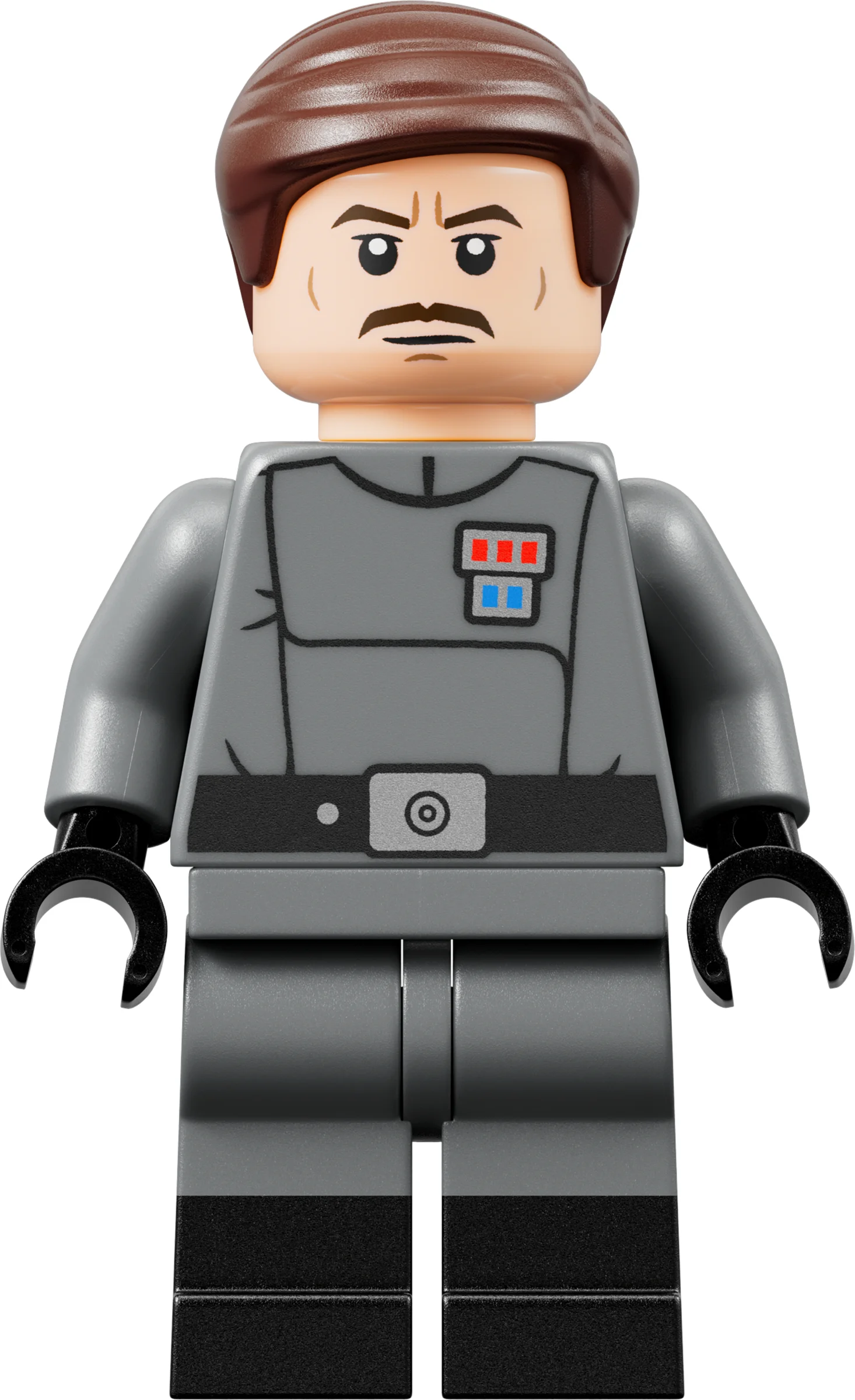 Prim-plan cu minifigurina LEGO a unui ofițer imperial, detaliată și realistă.
