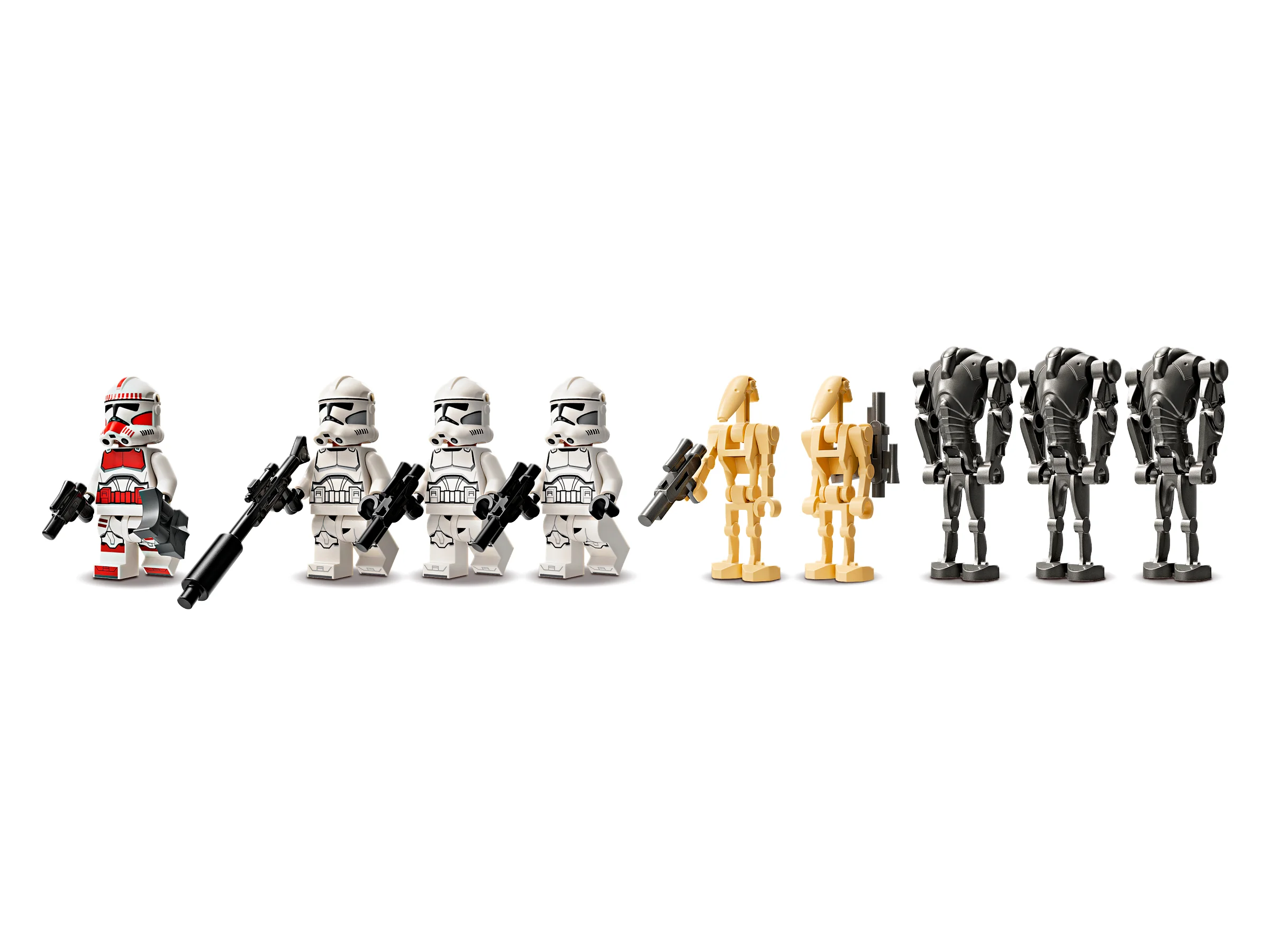 Minifigurinele LEGO Star Wars din setul 75372: Clone Trooper și Battle Droid.