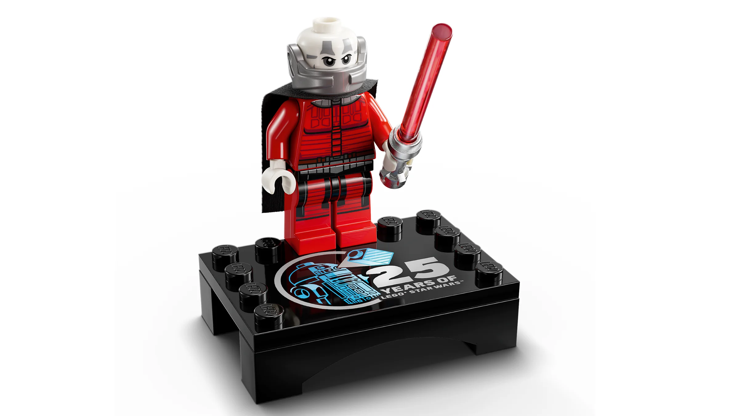 Minifigurina LEGO Darth Malgus pe suport aniversar, detaliată.