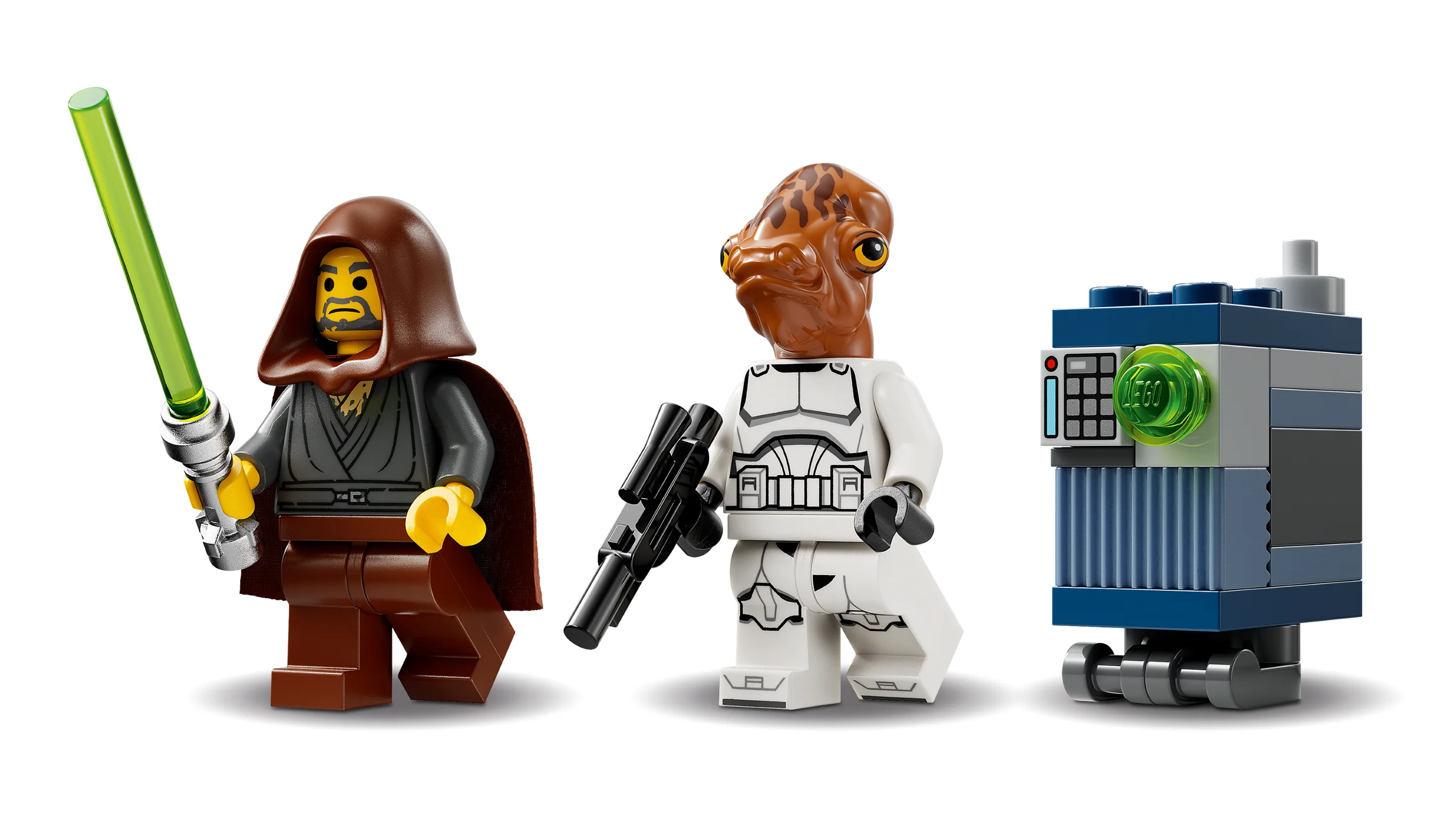 Prezentare detaliată a minifigurinelor LEGO Jedi Bob, Ackbar și droid R2-D2 construit.