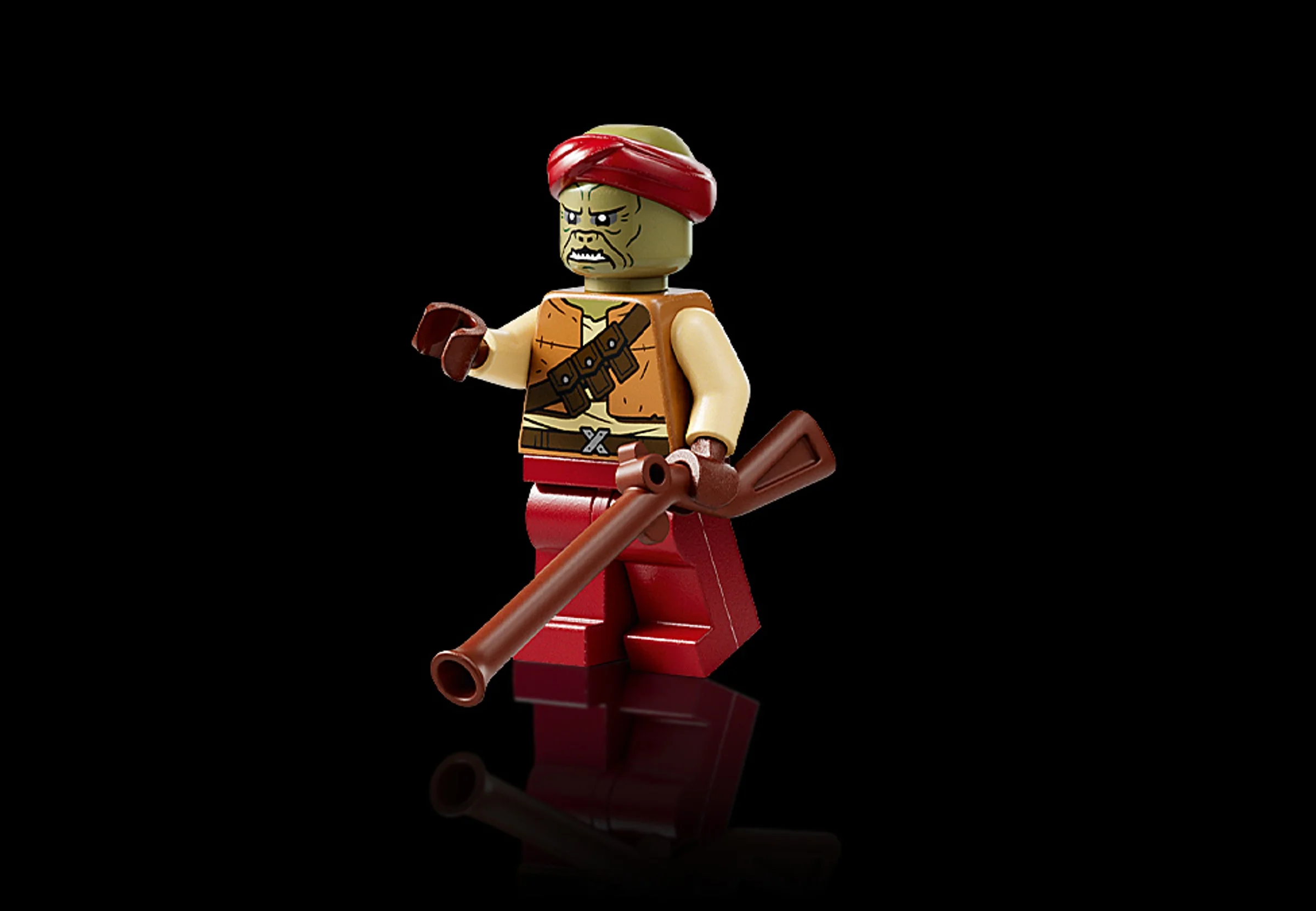 Minifigurină Weequay Guard cu armă, prezentată pe fundal negru lucios.