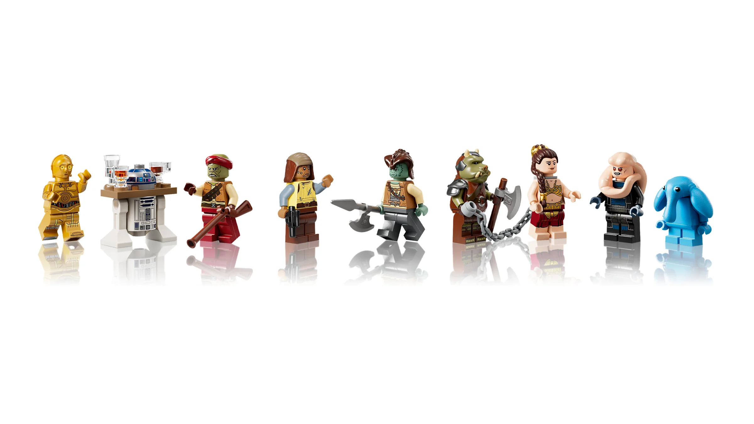 Imagine cu minifigurinele LEGO din setul 75397 Jabba's Sail Barge. Detalii despre personaje și accesorii.