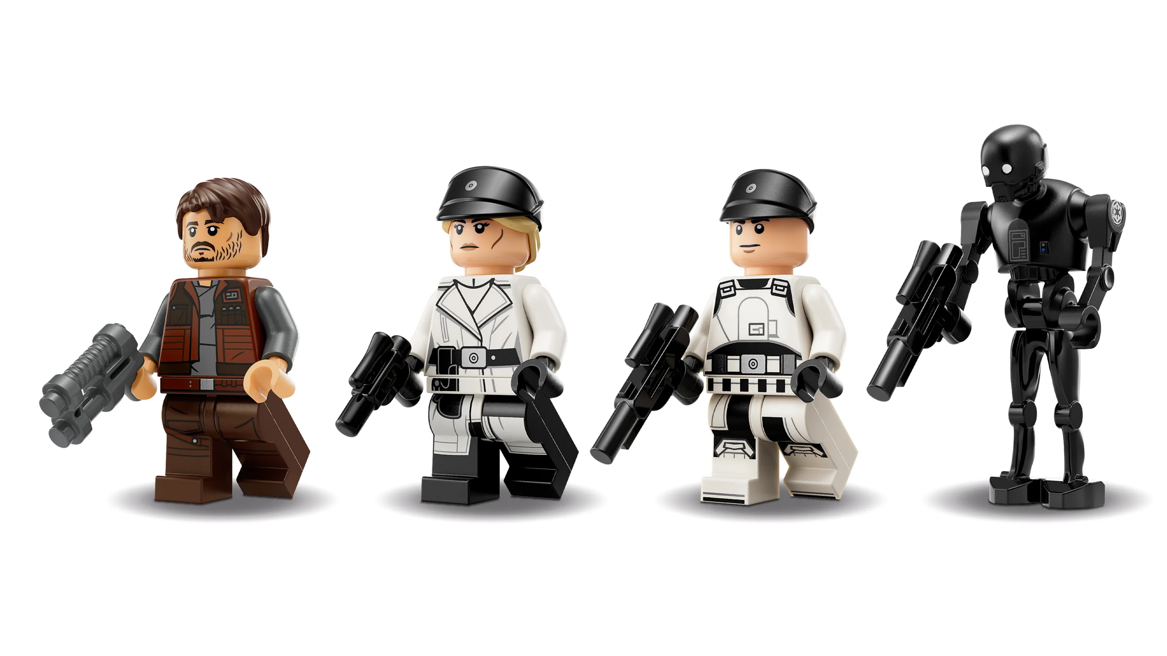 Prezentare cu minifigurinele incluse în set: Cassian Andor, ofițeri și K-2SO.