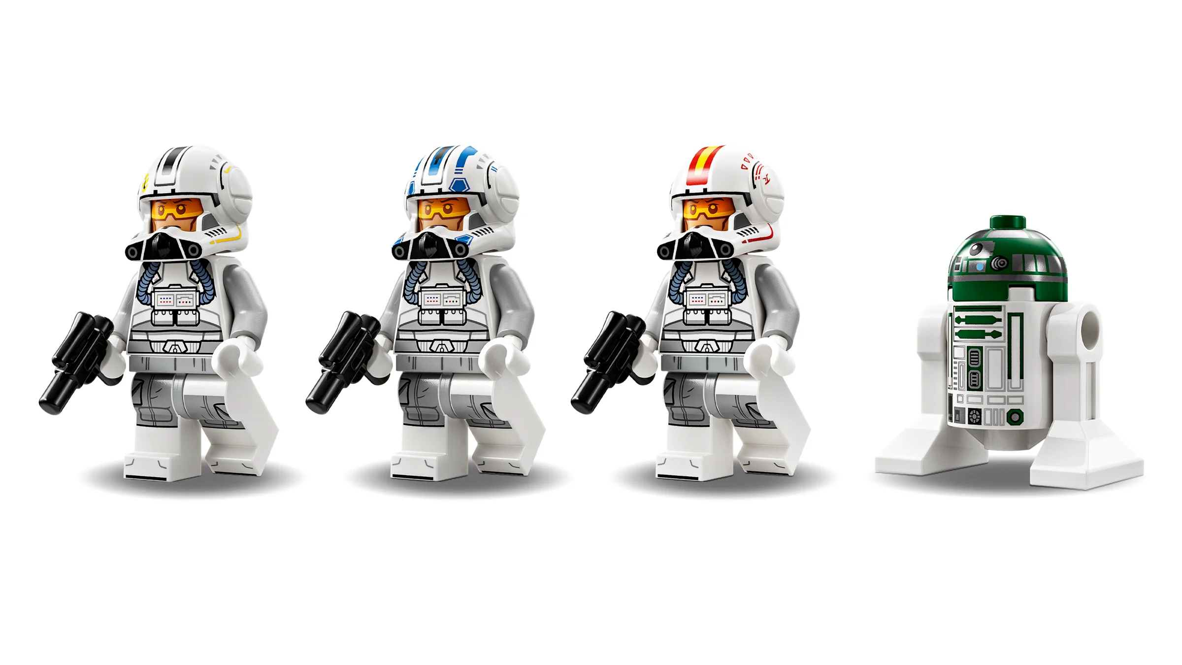 Imagine cu mini-figurinele incluse în setul ARC-170 Starfighter: 3 piloți și un droid R4-P17.
