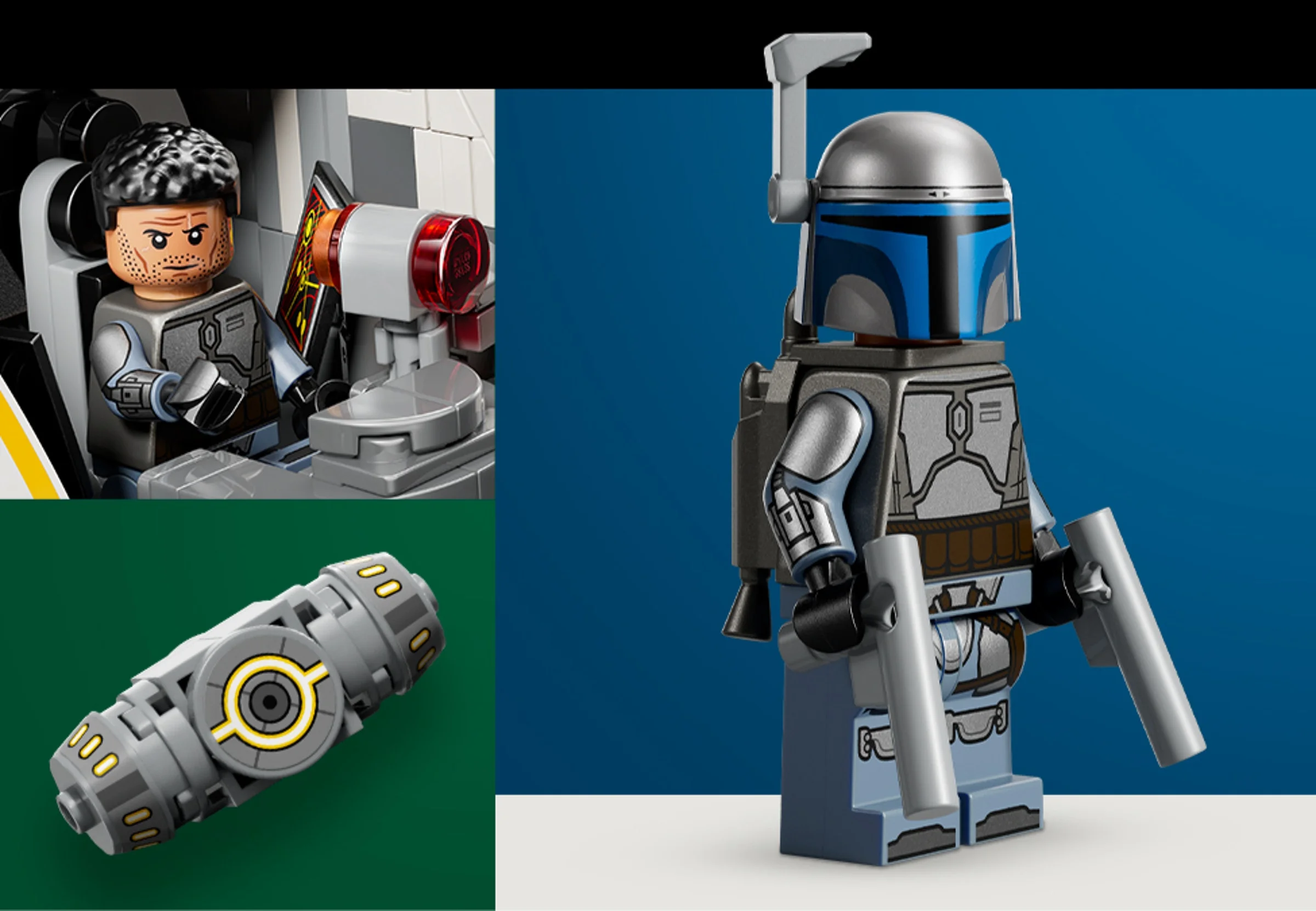 Prezentare detaliată a minifigurinei Jango Fett și a cabinei navei spațiale. Detalii fine ale personajului.