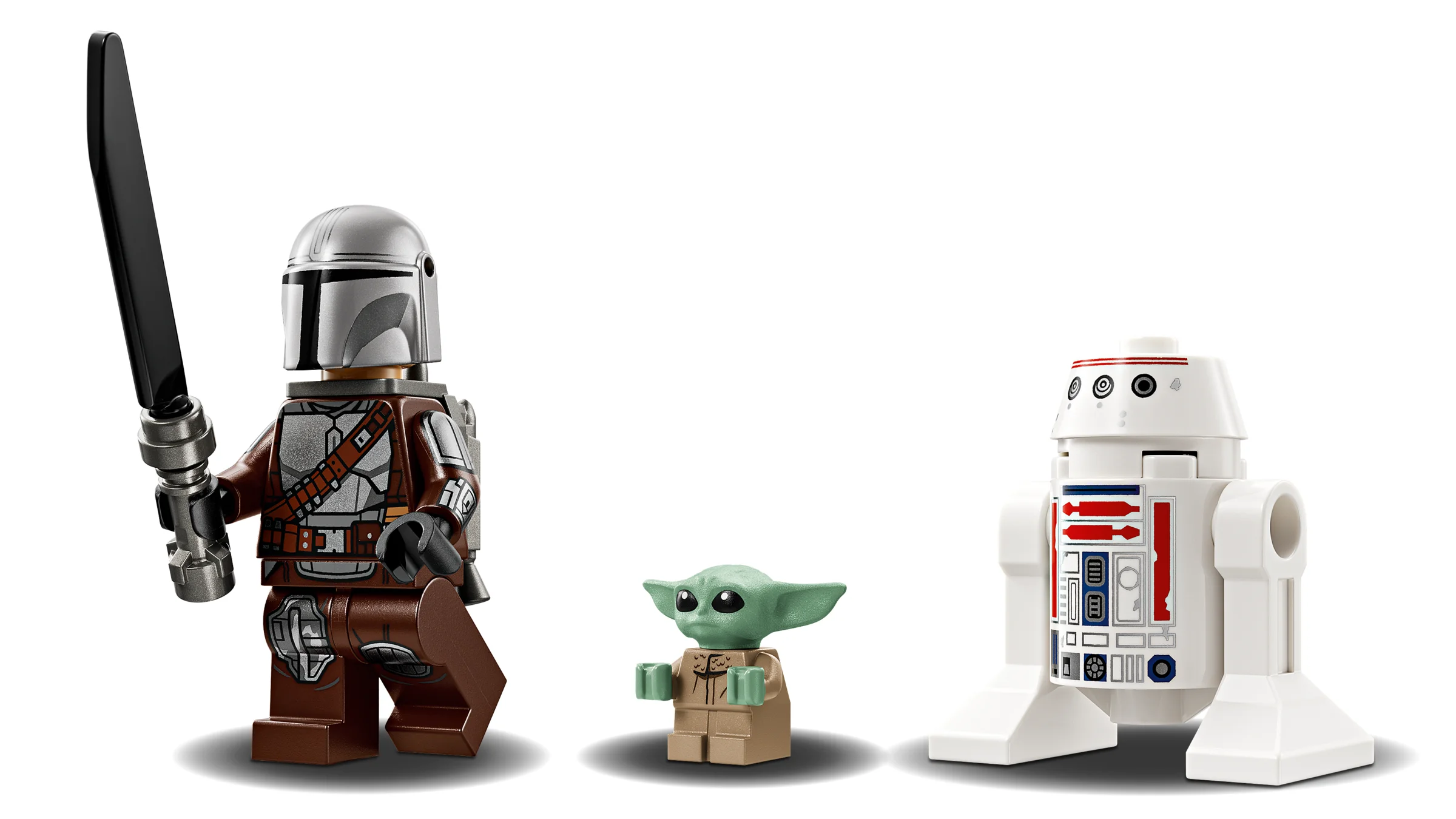 Mini-figurinele Mando, Grogu și BD-1 din setul LEGO 75410, prezentate în detaliu.