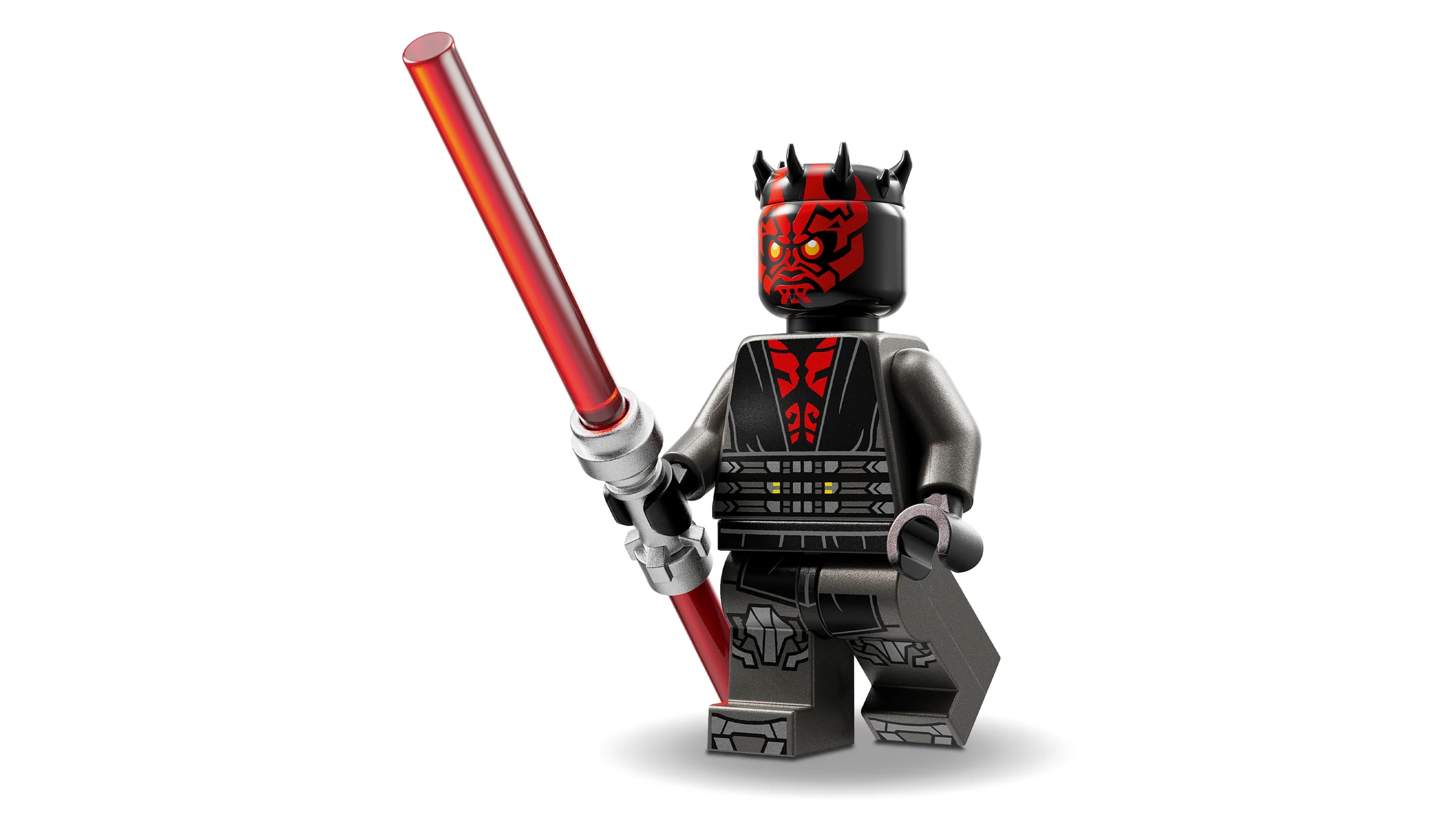 Minifigurina Darth Maul din setul LEGO Star Wars 75411, cu sabie laser roșie.