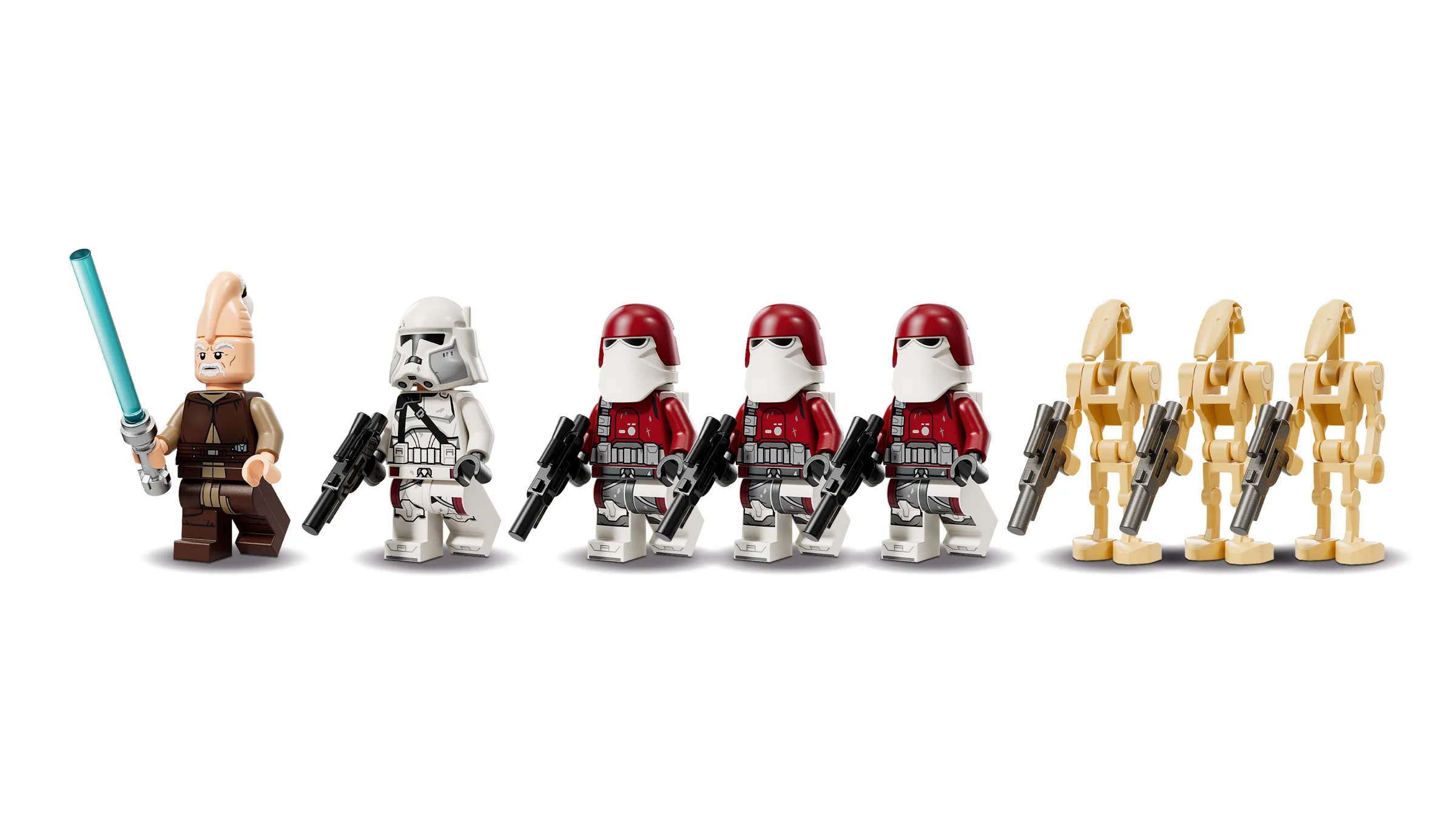 Imagine cu minifigurinele incluse în setul Republic Juggernaut: Ki-Adi-Mundi, clone trooper și droizi.
