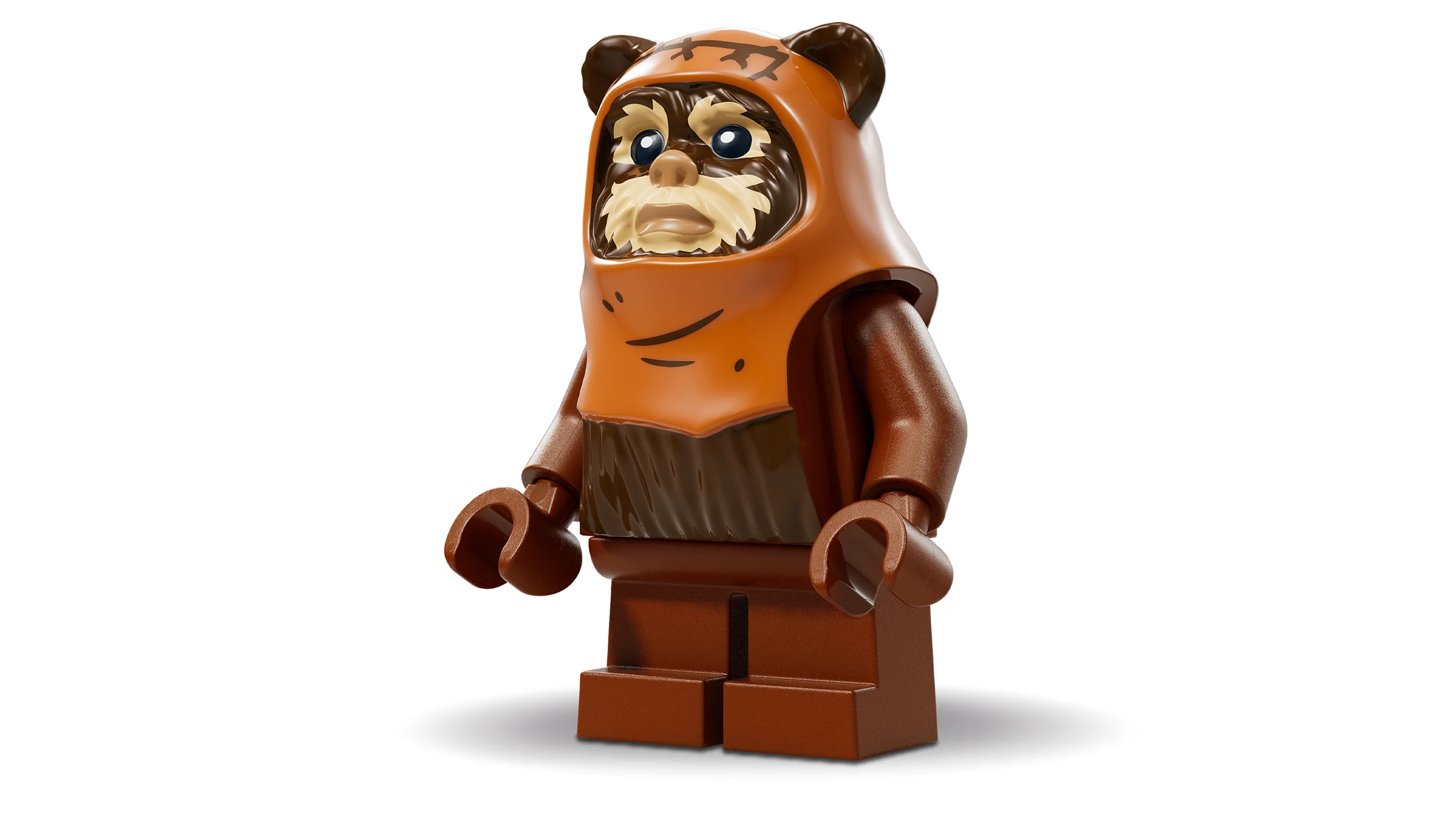 Prim-plan cu minifigurina LEGO Wicket Ewok, detaliată și expresivă.