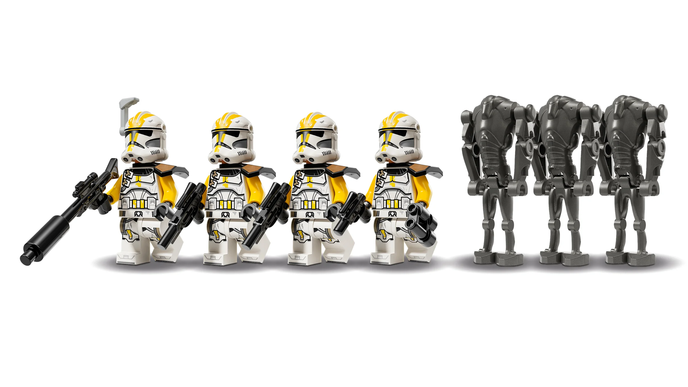 Imagine cu minifigurinele LEGO 327th Star Corps Clone Troopers și Battle Droids.