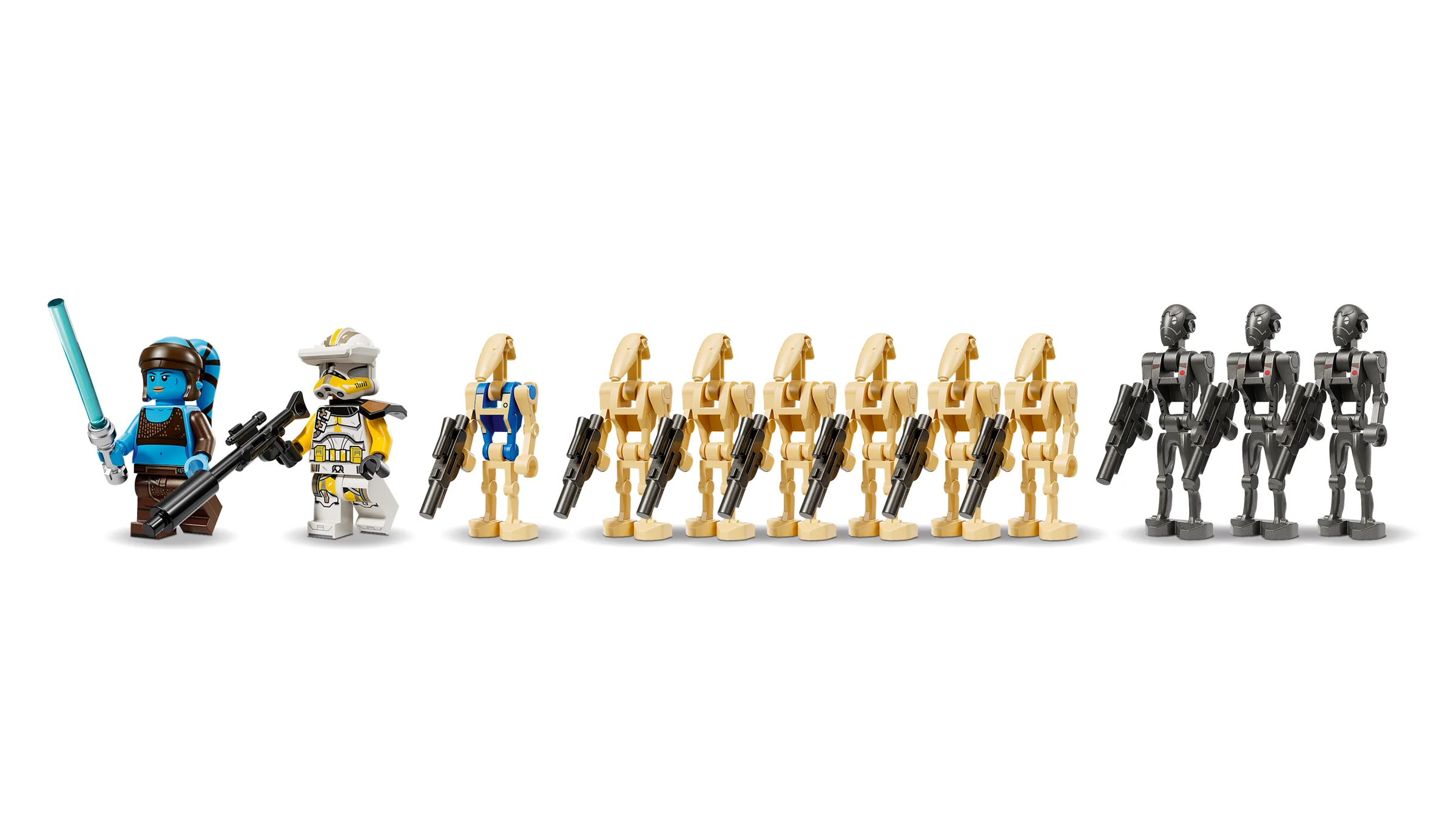 Prezentare minifigurine set 75435. Ahsoka Tano, un clone trooper, droizi de luptă.