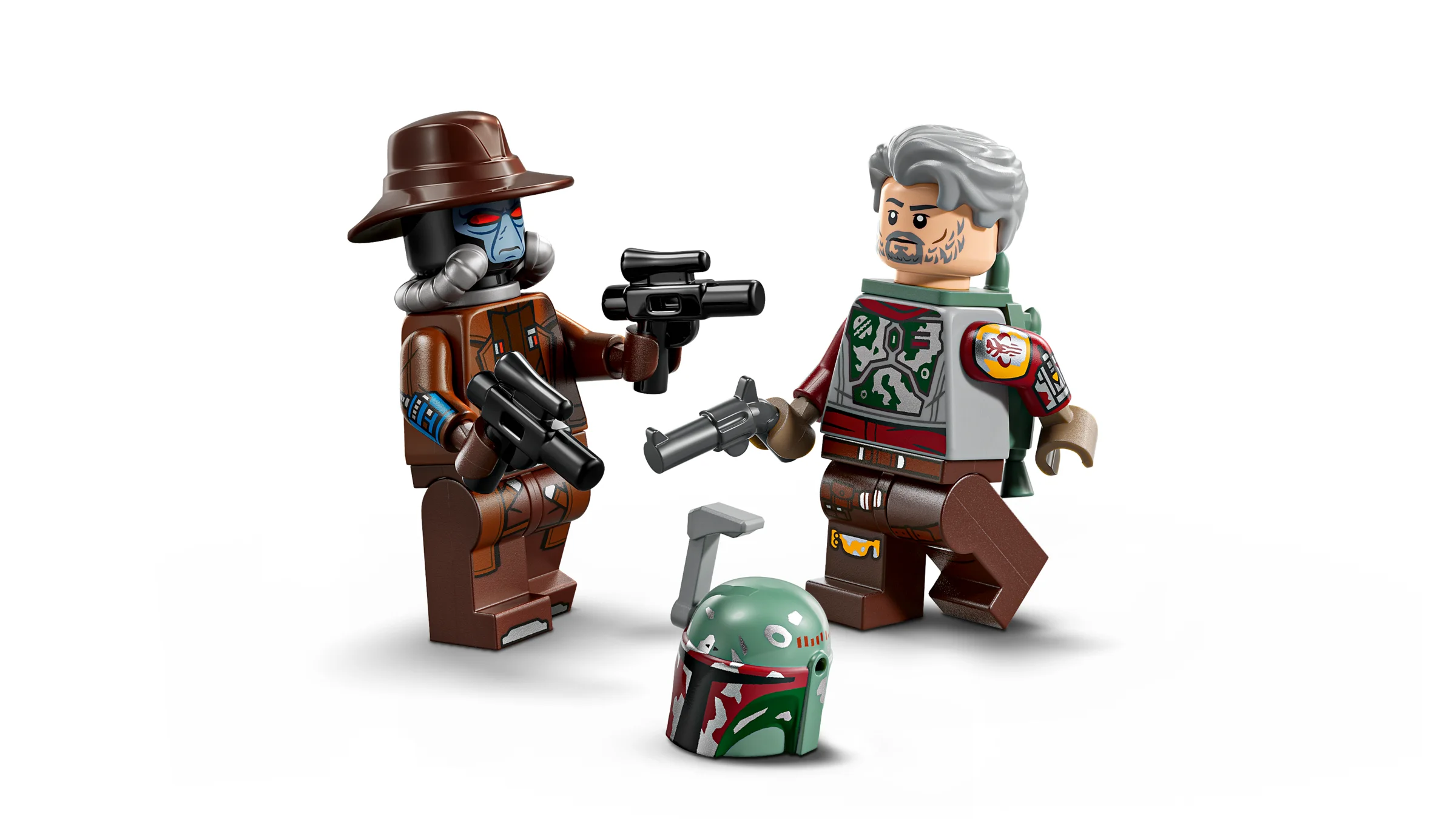 Imagine cu minifigurinele Cobb Vanth și cad Bane cu armele lor și casca lui Boba Fett.