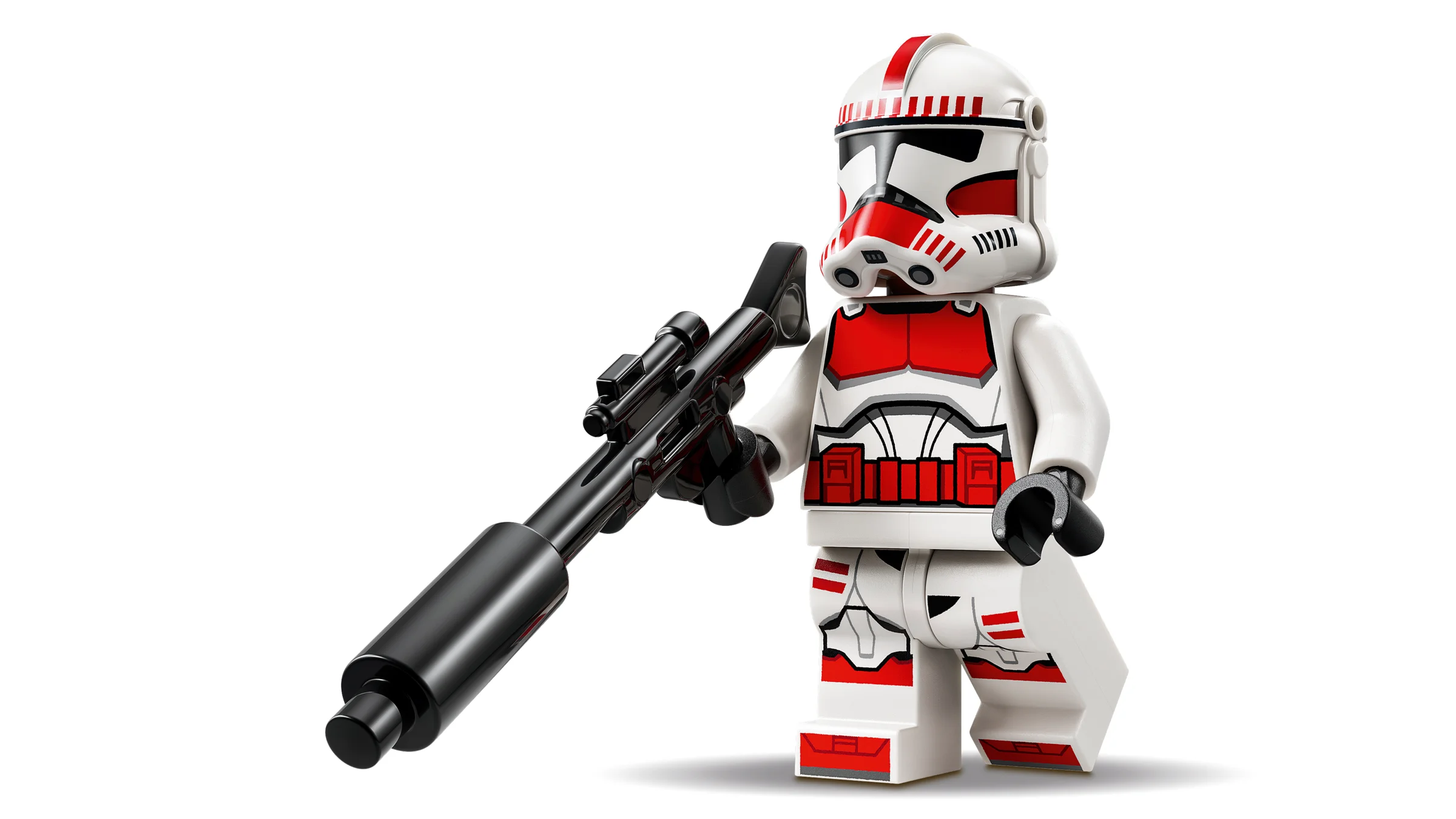 Prim-plan cu minifigurina Clone Shock Trooper cu pușcă, detalii vizibile ale designului.