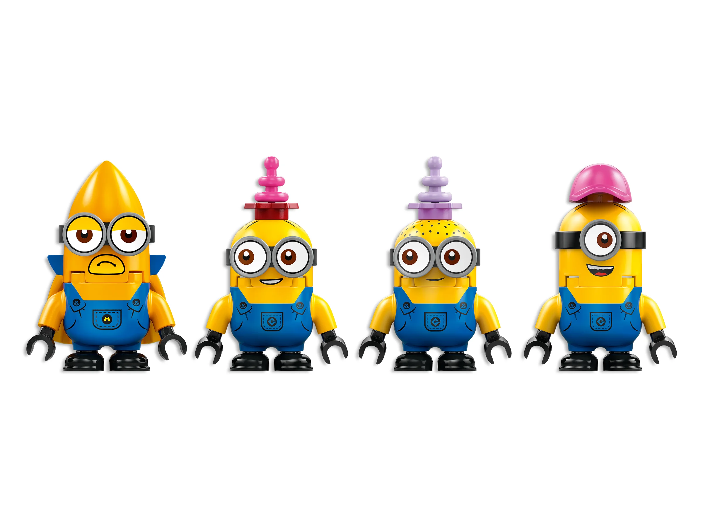 Imagine cu patru figurine Minioni LEGO: unul cu rachetă, doi cu pălării și unul cu șapcă.