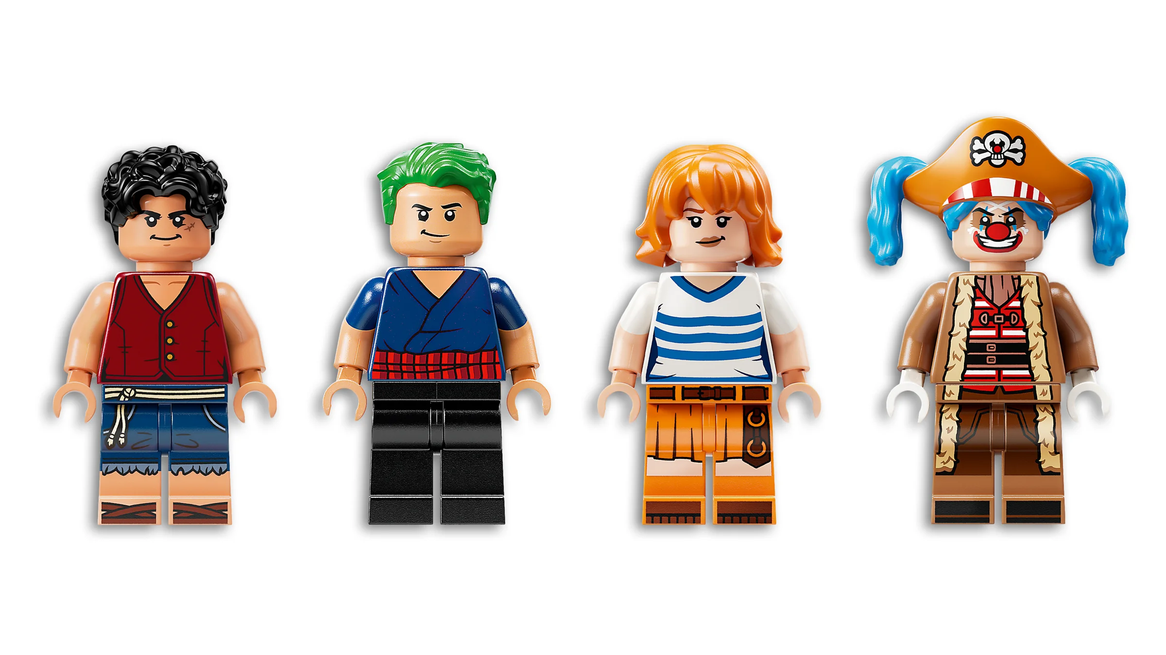 Imagine cu patru minifigurine LEGO One Piece: Luffy, Zoro, Nami și Buggy clovnul.