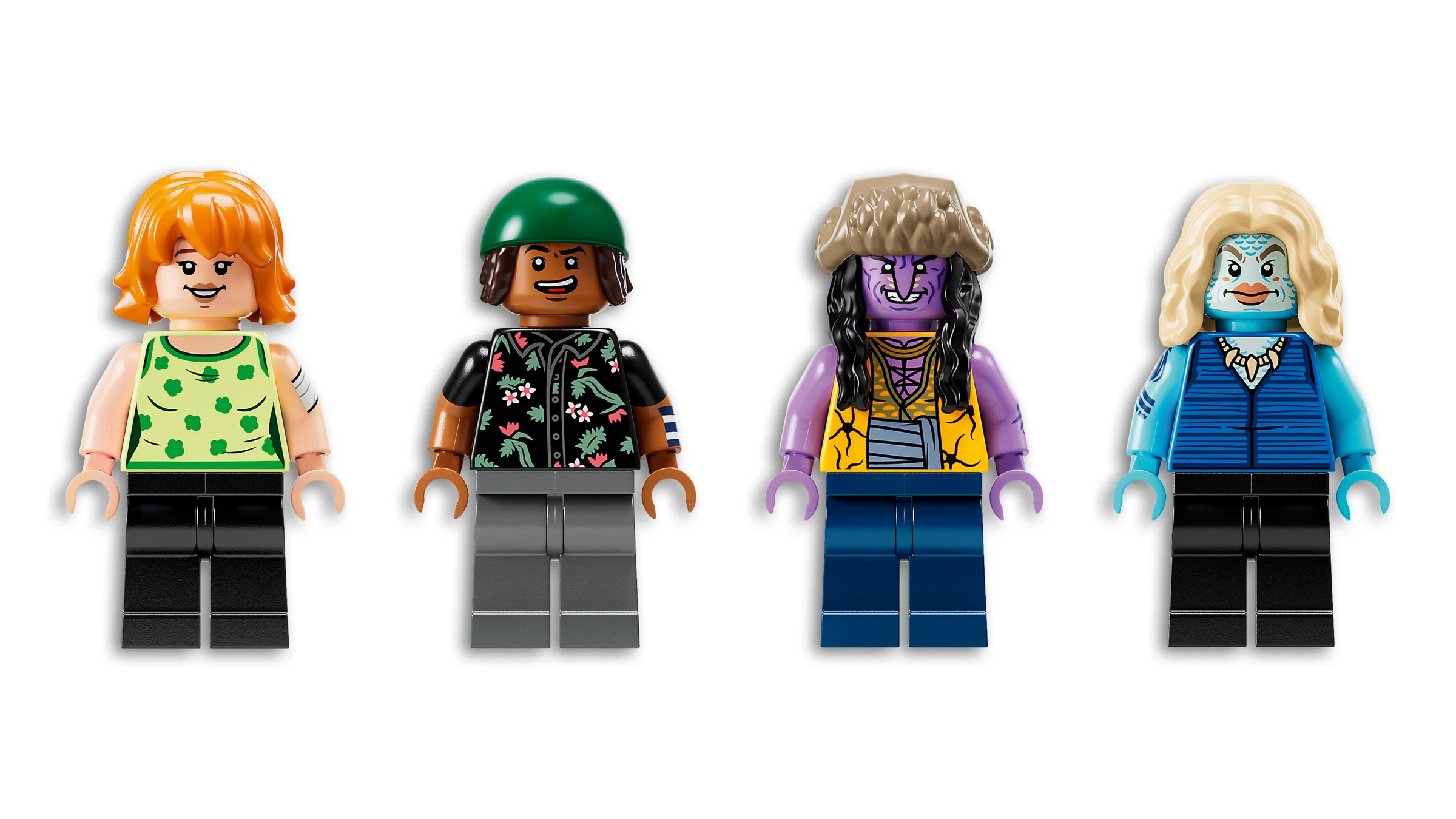 Patru minifigurine LEGO One Piece aliniate: Nami, Hatchan, Arlong și Nojiko.