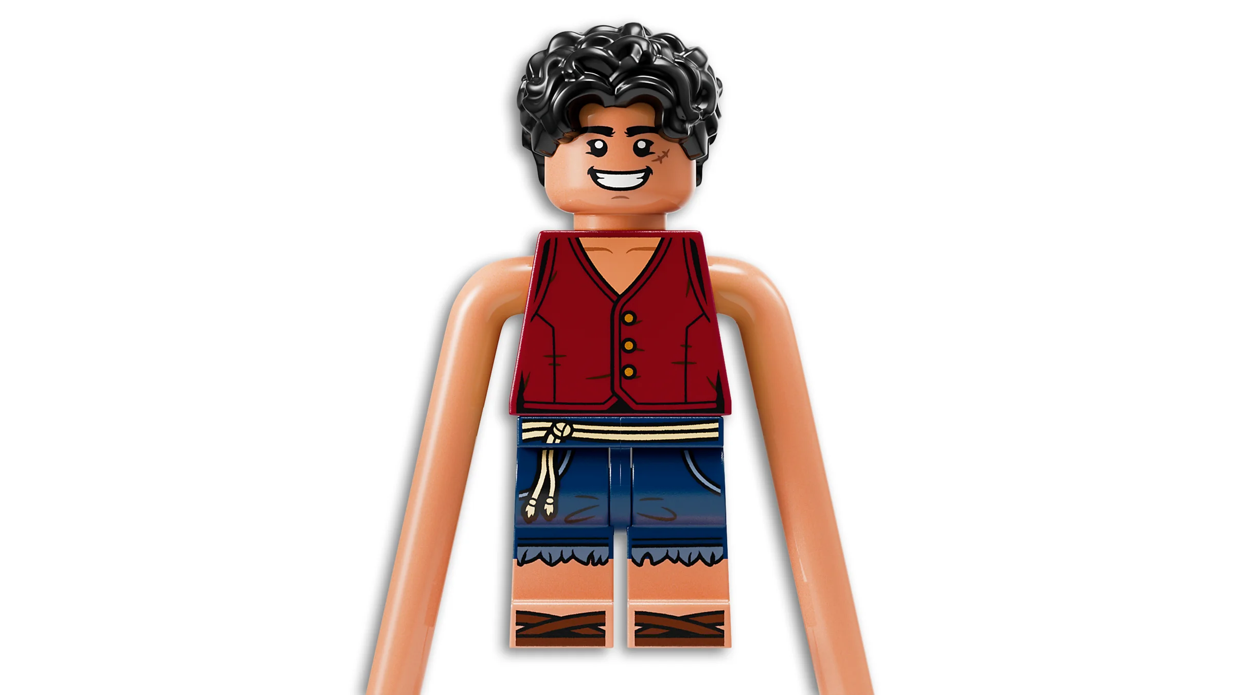 Prim-plan cu minifigurina Luffy, detaliind trăsăturile și designul său unic.