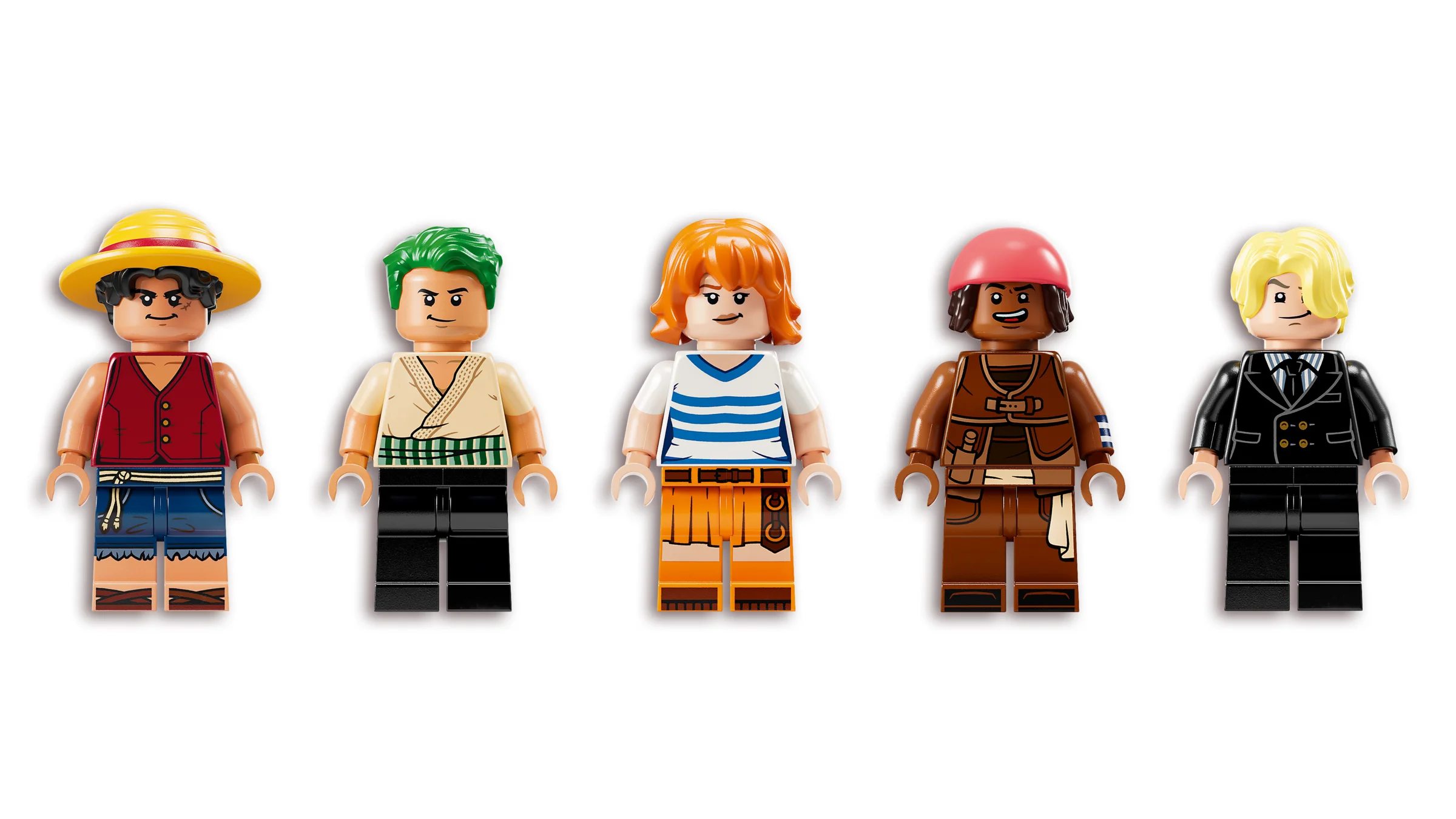 Prezentare a celor cinci minifigurine LEGO One Piece: Luffy, Zoro, Nami, Usopp și Sanji.