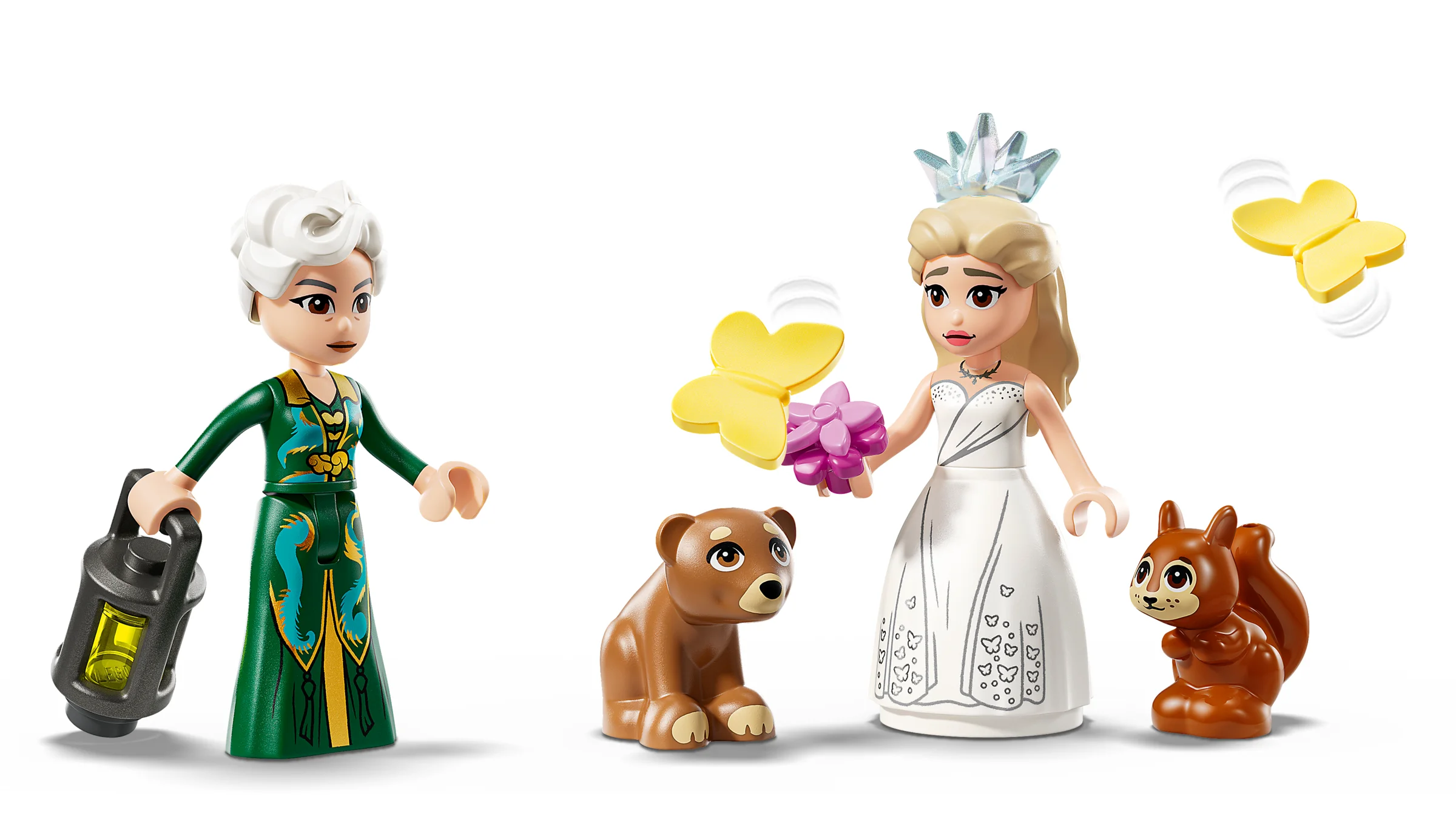 Prim plan cu Glinda, Zelena și animale, din setul LEGO Nunta Glindei.