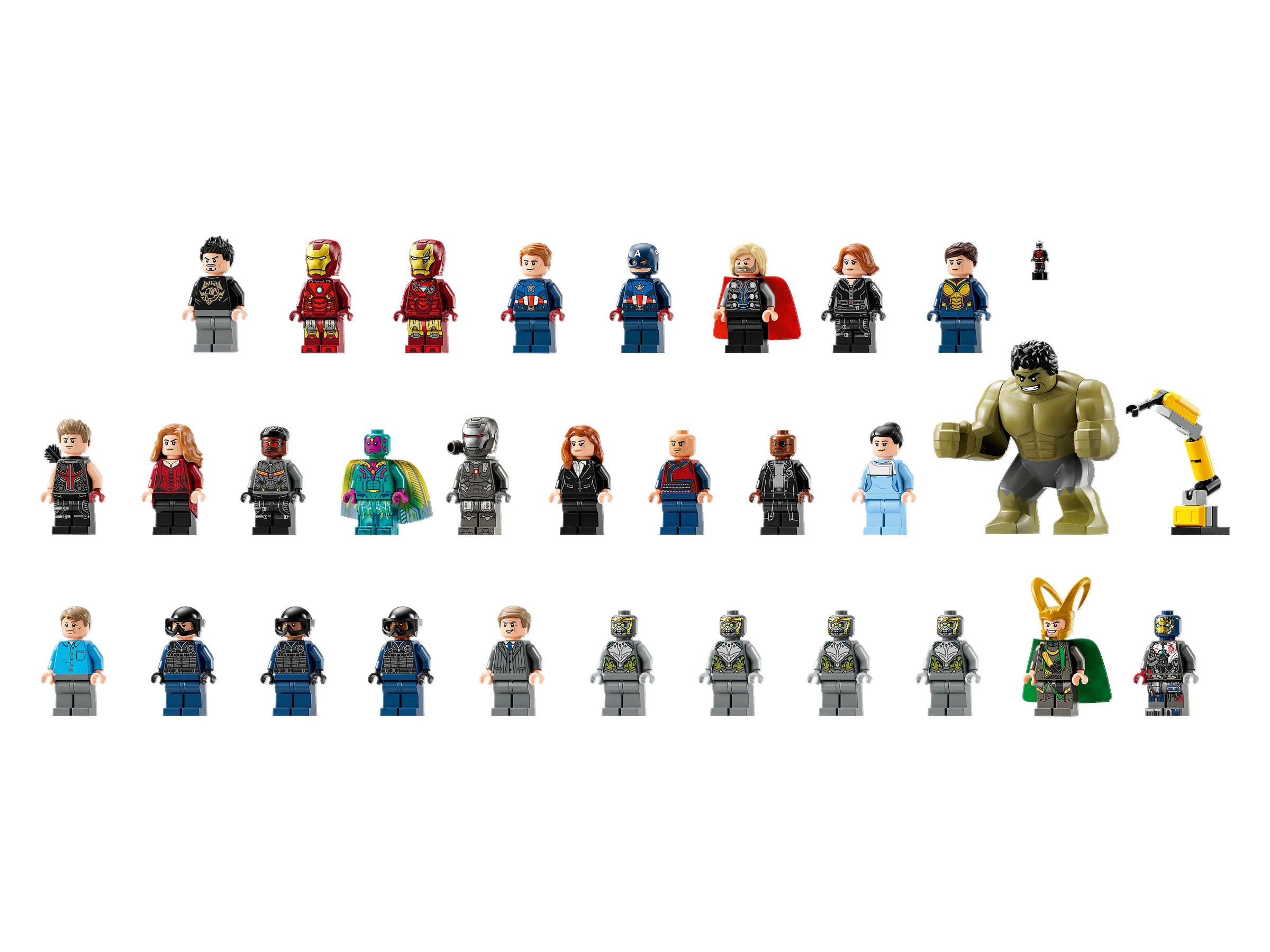Prezentare detaliată a minifigurinelor LEGO Avengers Tower. Figurine diverse și iconice.