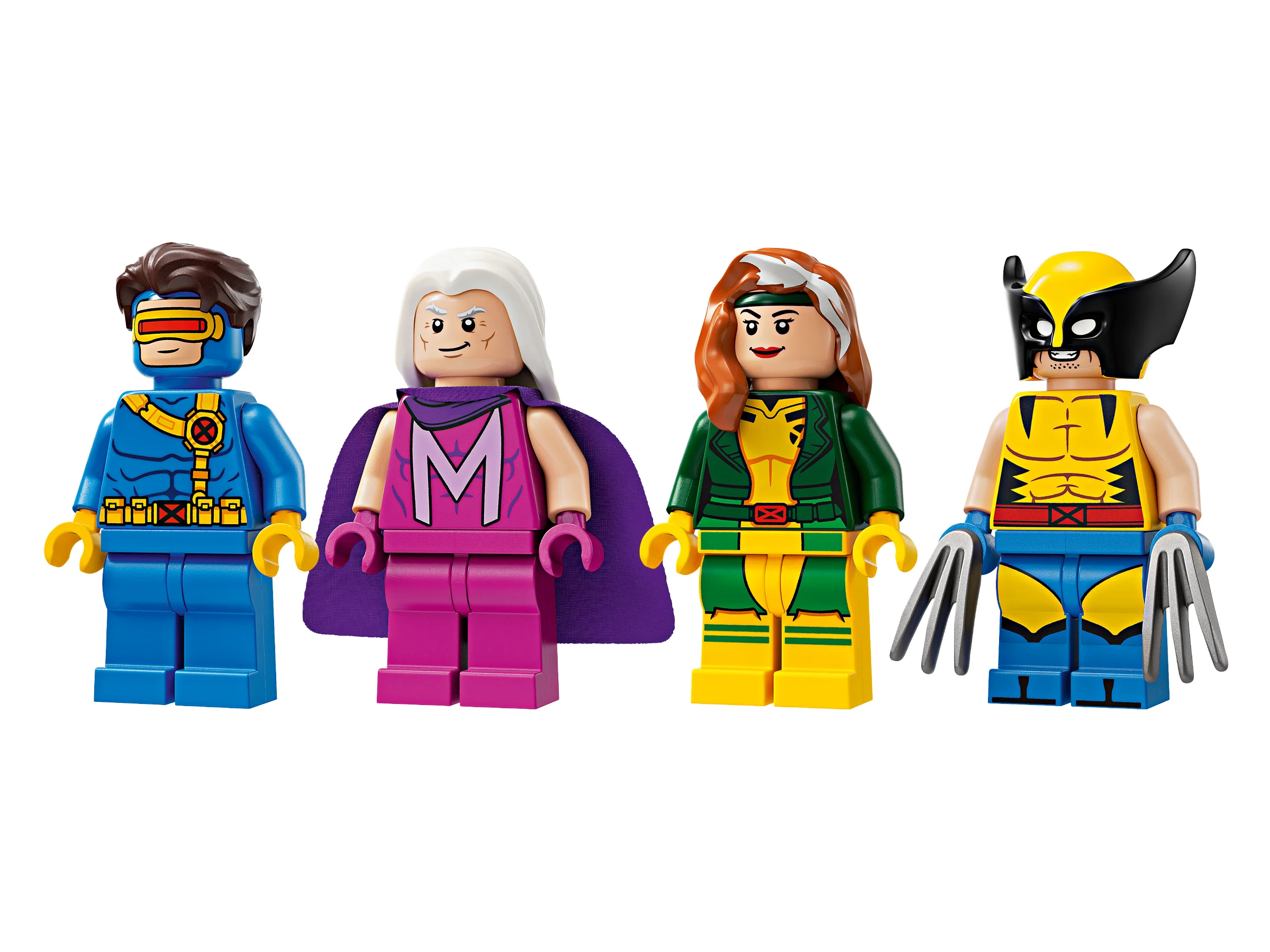 Prezentare detaliată a minifigurinelor X-Men: Cyclops, Magneto, Rogue și Wolverine.