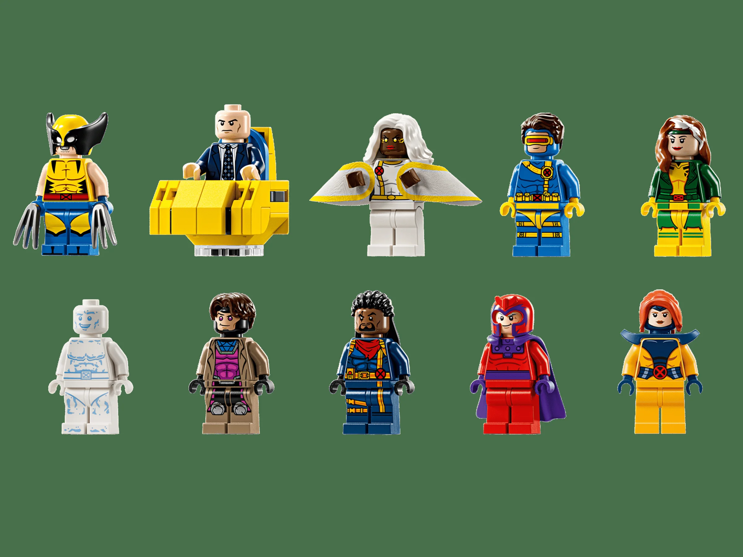 Zece minifigurine LEGO X-Men, cu detalii precise și expresii unice.