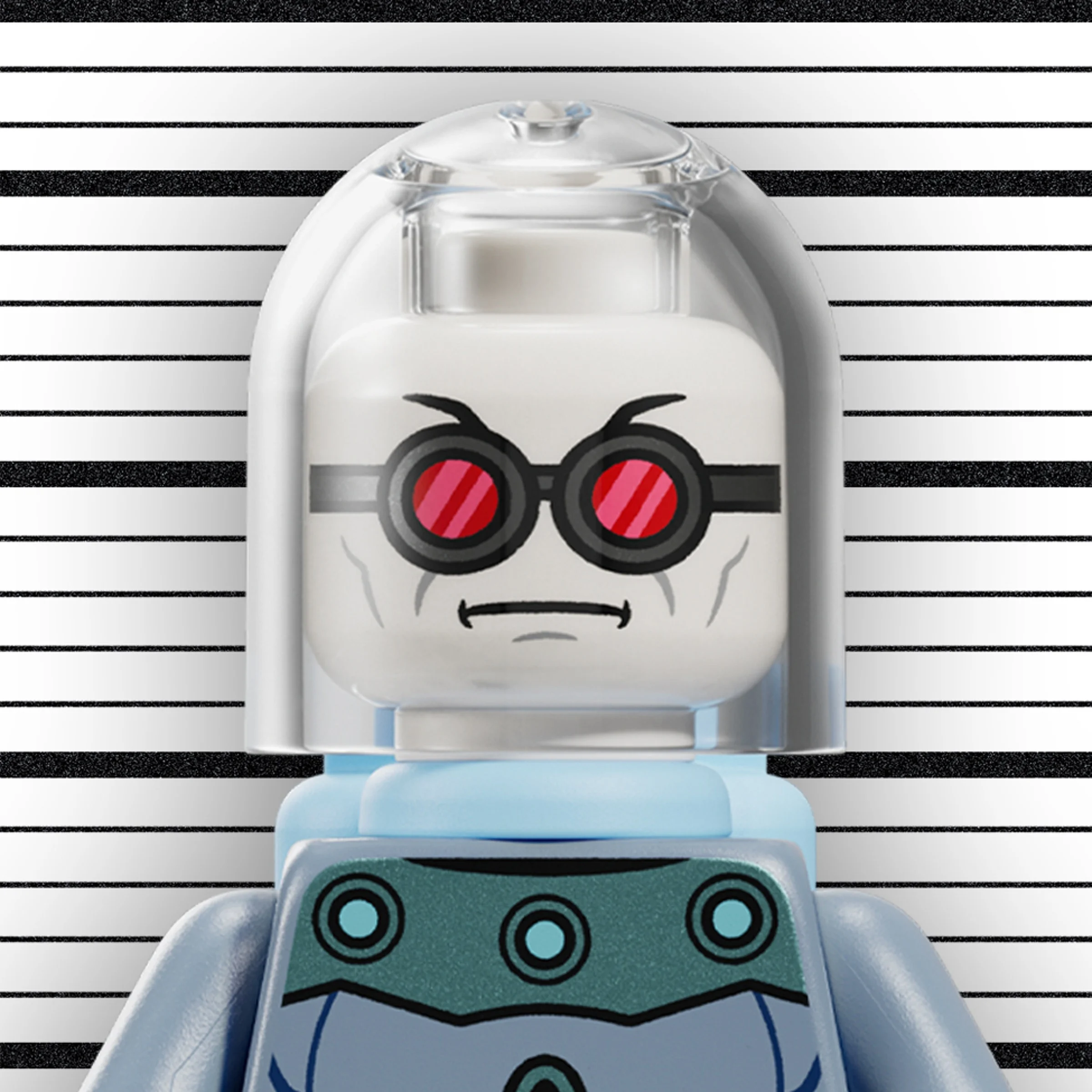 Prim-plan detaliat cu minifigurina LEGO Mr. Freeze, în fața unui fundal de identificare.