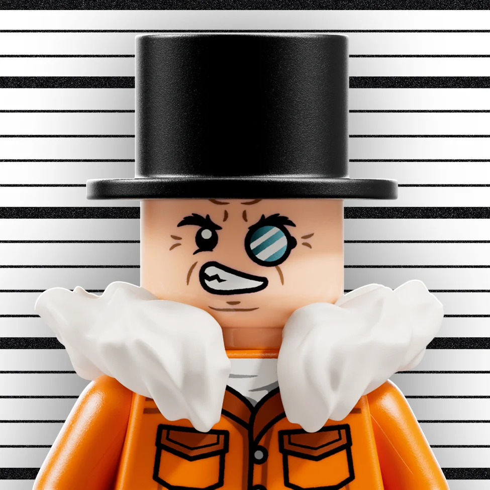 Prim-plan cu minifigurina Pălărierul Nebun (Mad Hatter) din setul LEGO Arkham Asylum.