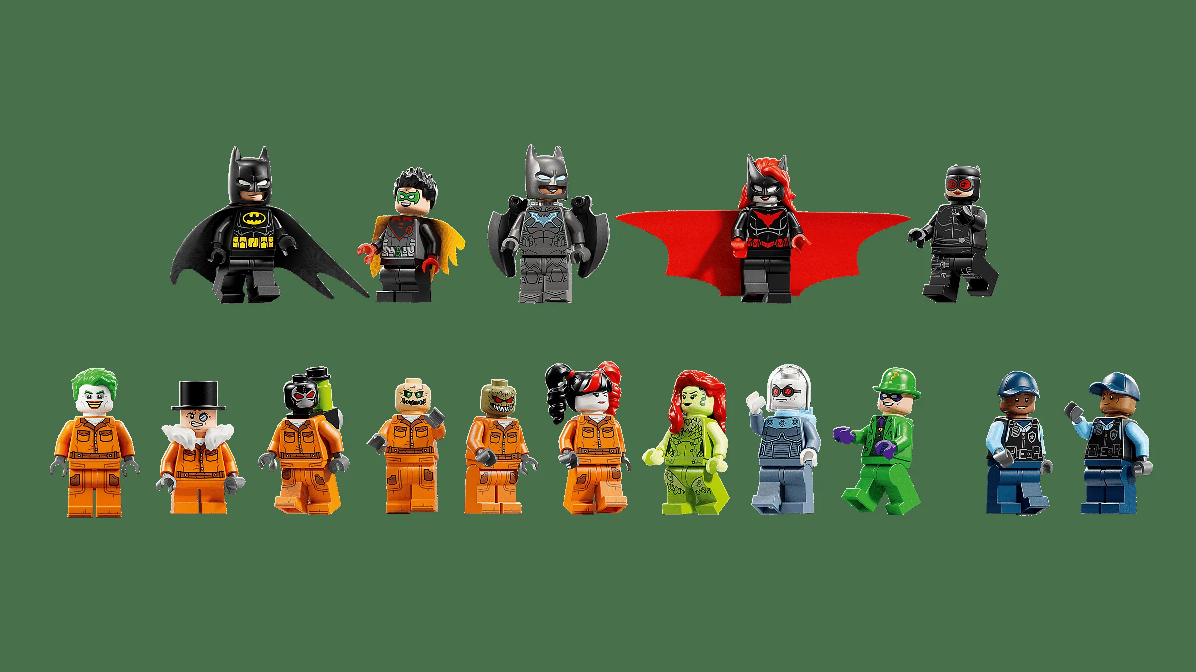 Imagine cu toate minifigurinele setului LEGO 76300 Arkham Asylum. Include eroi și răufăcători.