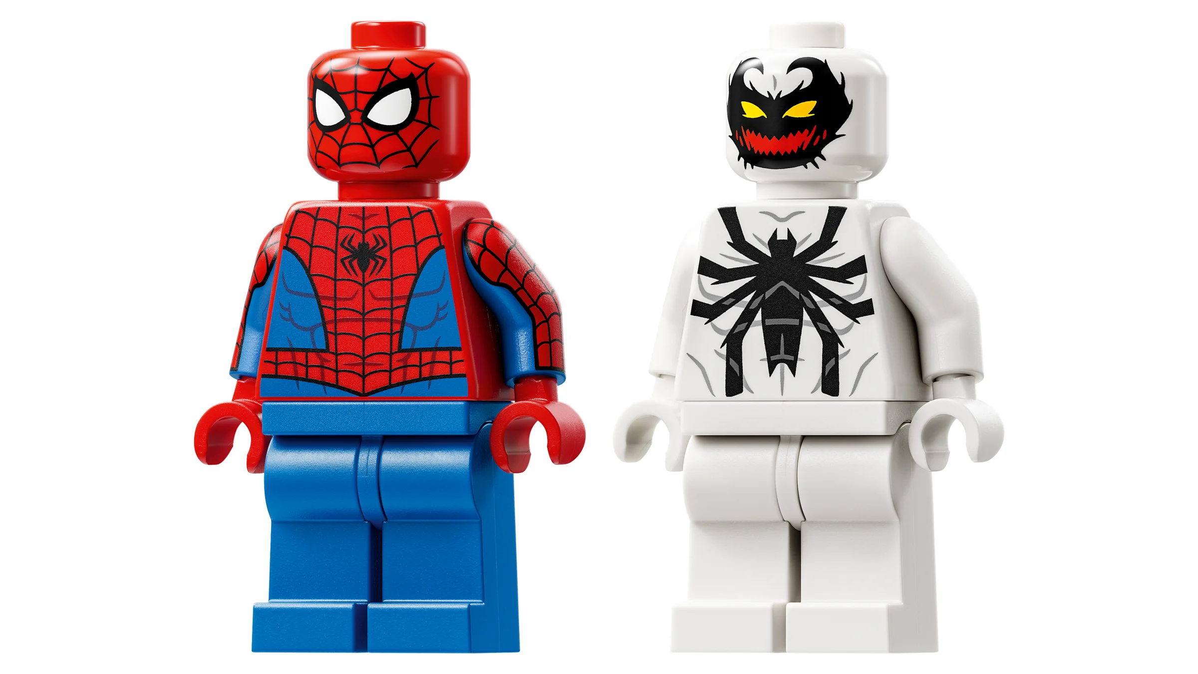 Prim plan cu minifigurinele LEGO Spider-Man și Anti-Venom, detalii imprimate pe trunchiuri.