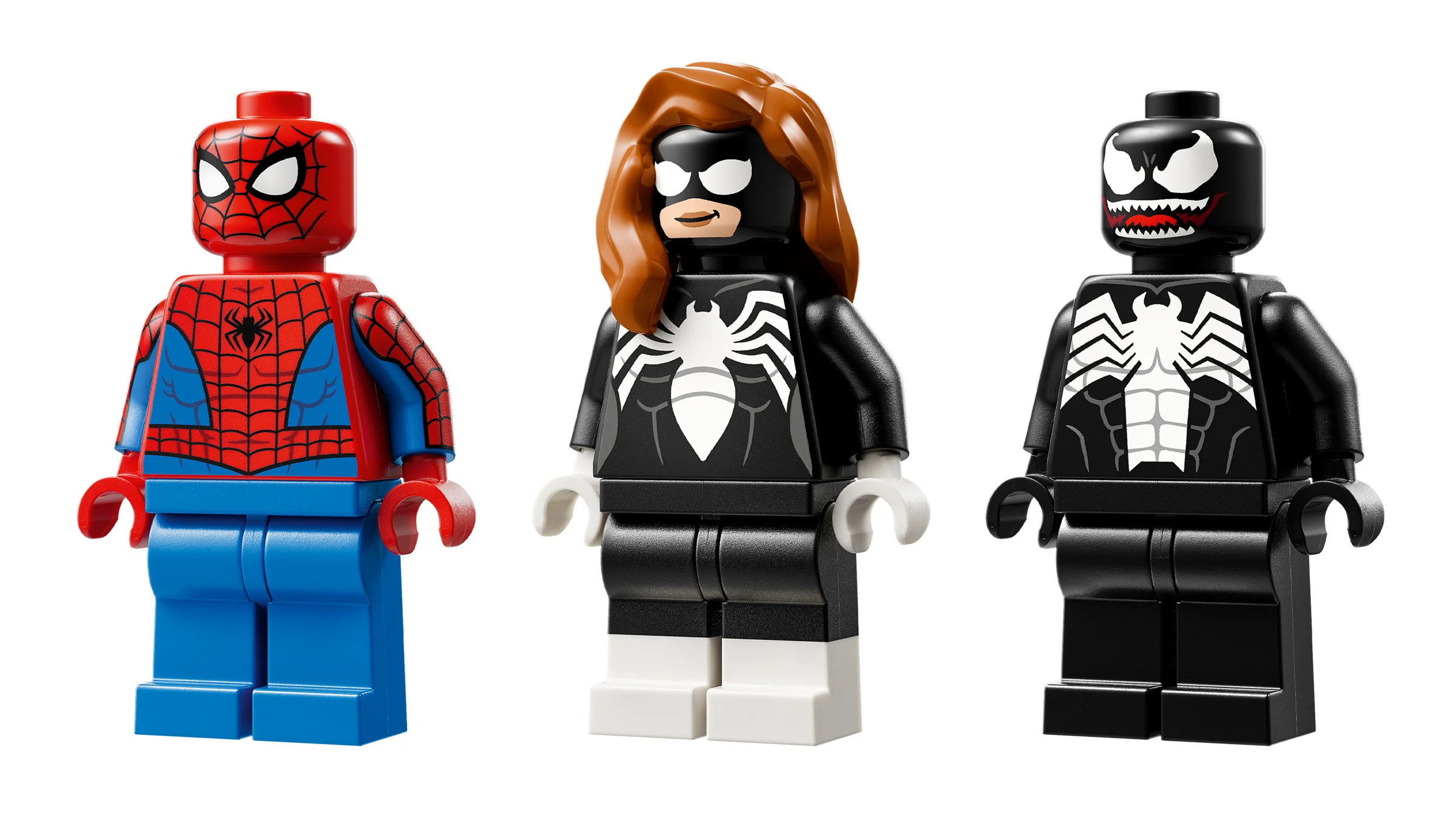 Imagine cu minifigurinele Spider-Man, Spider-Gwen și Venom din setul LEGO 76309.