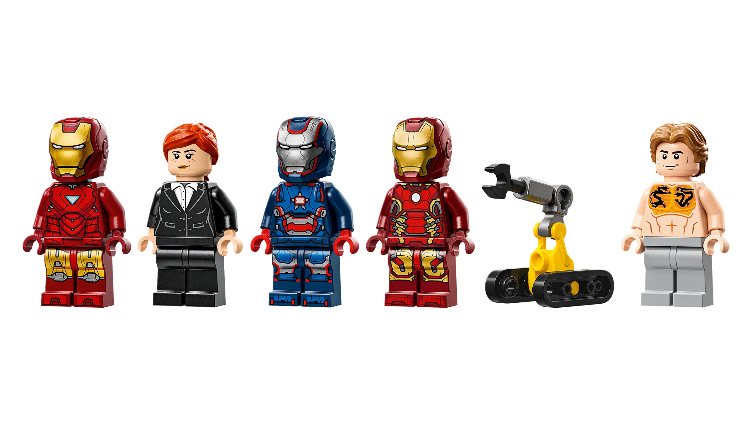 Prezentare cu minifigurinele și brațul robotic din Laboratorul lui Iron Man.